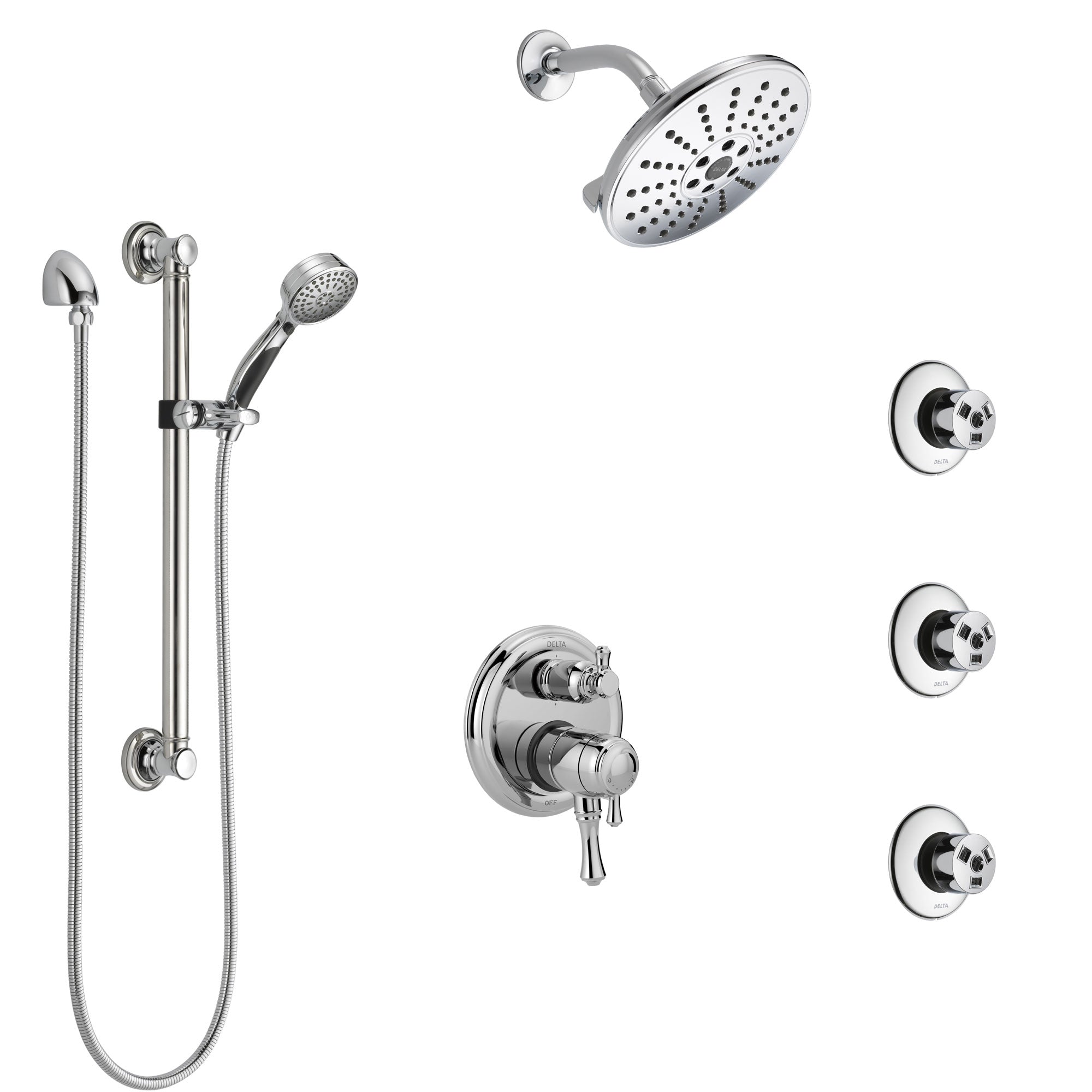 Delta Cassidy Chrome Shower System with Dual Control Handle, Integrated Diverter, Showerhead, 3 Body Sprays, and Hand Shower with Grab Bar SS279976