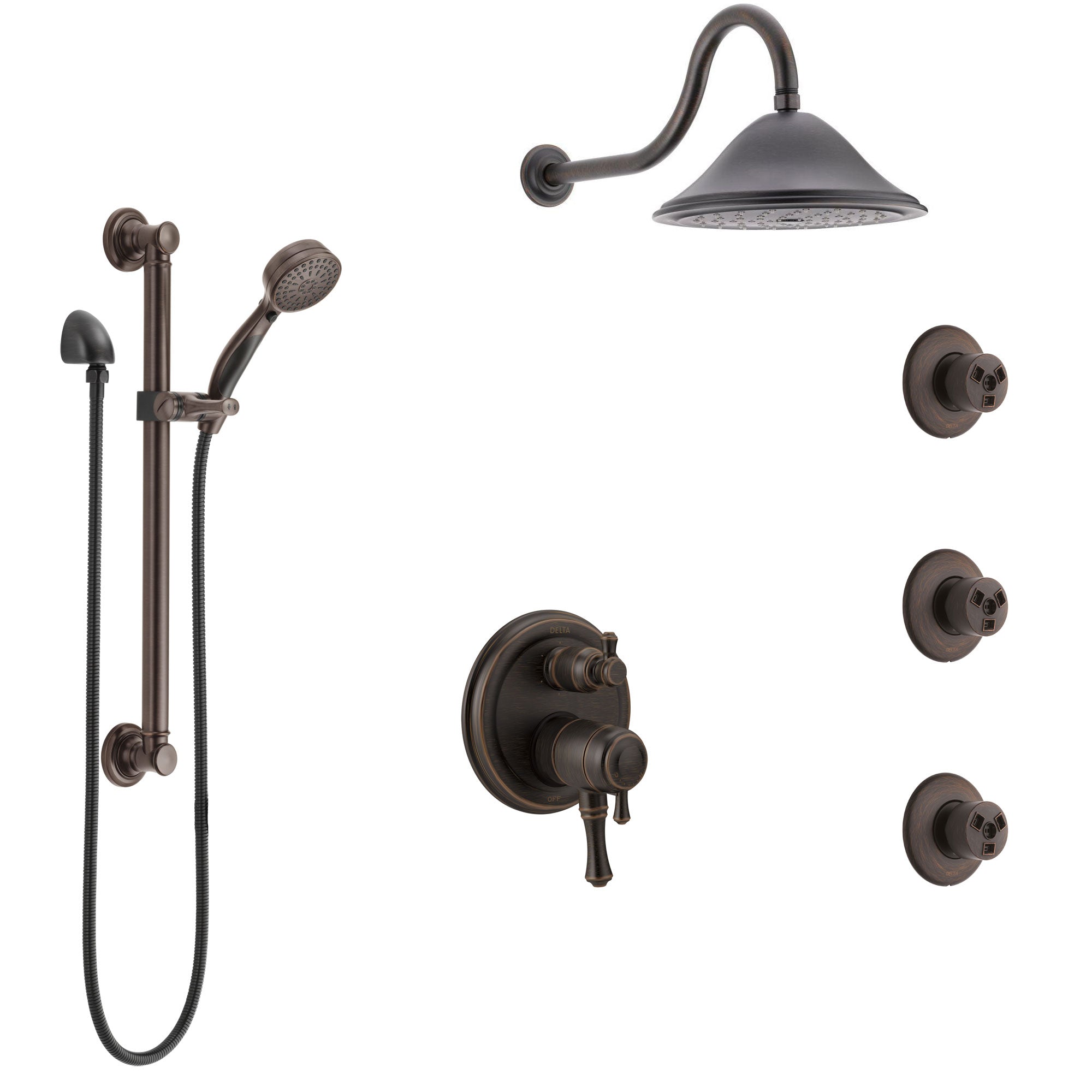 Delta Cassidy Venetian Bronze Shower System with Dual Control Handle, Integrated Diverter, Showerhead, 3 Body Sprays, Grab Bar Hand Spray SS27997RB2