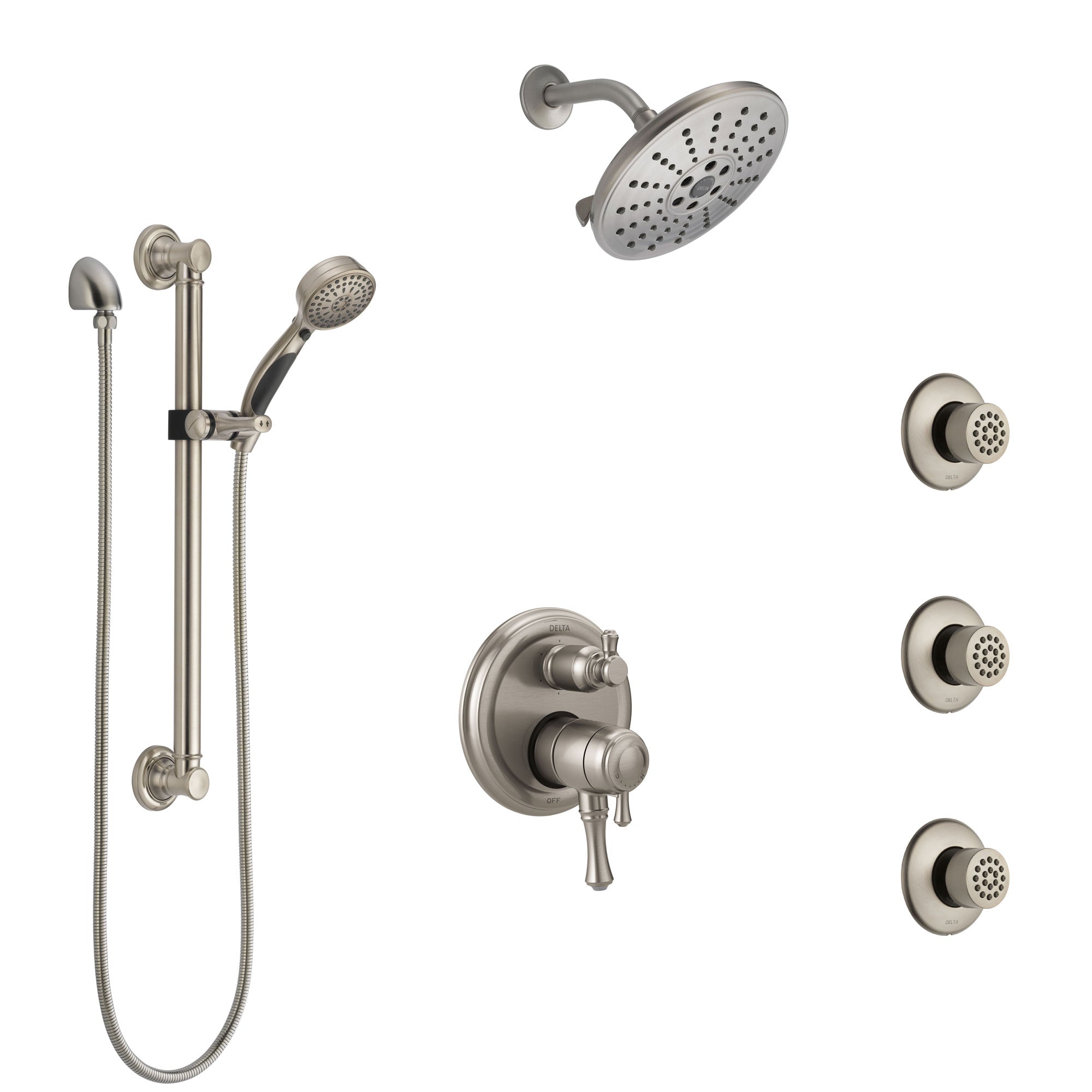 Delta Cassidy Dual Control Handle Stainless Steel Finish Integrated Diverter Shower System, Showerhead, 3 Body Sprays, Grab Bar Hand Spray SS27997SS3