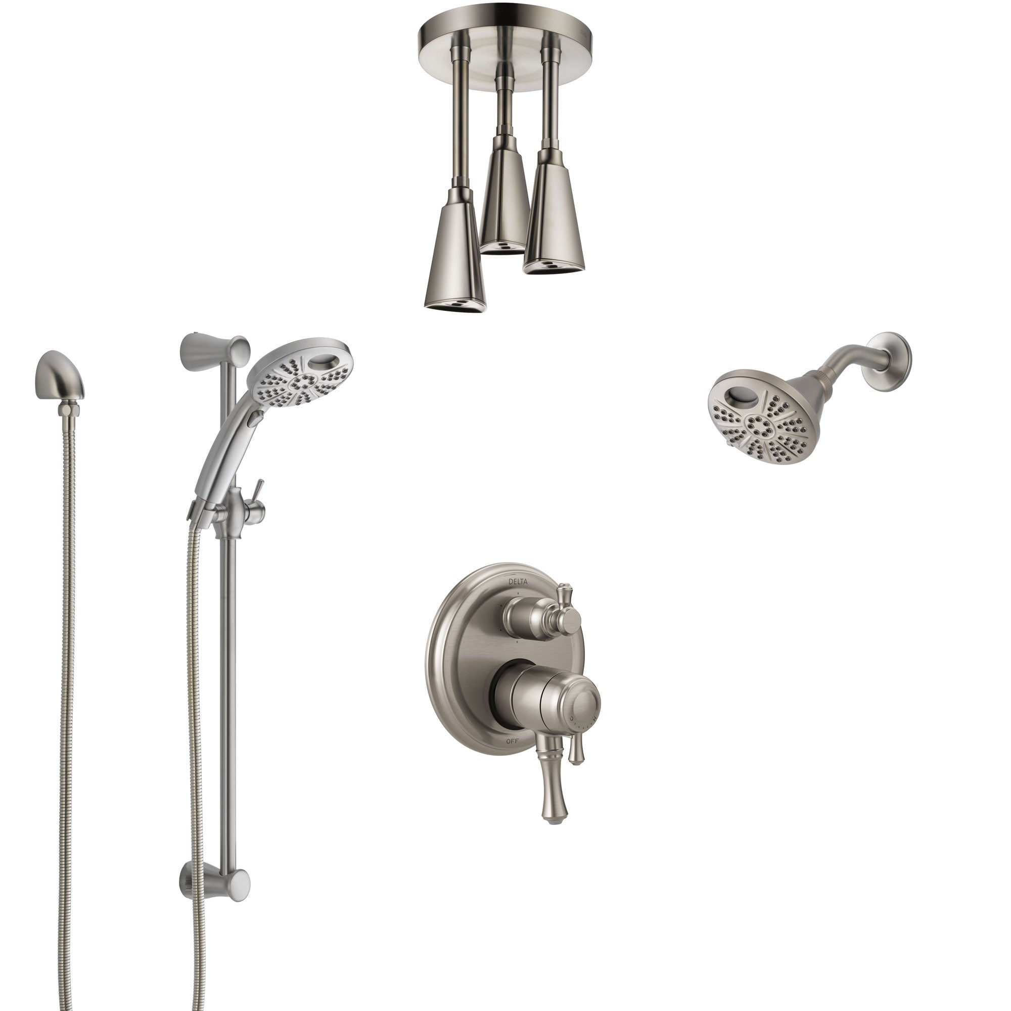 Delta Cassidy Dual Control Stainless Steel Finish Integrated Diverter Shower System, Temp2O Showerhead, Hand Shower, and Ceiling Showerhead SS27997SS6