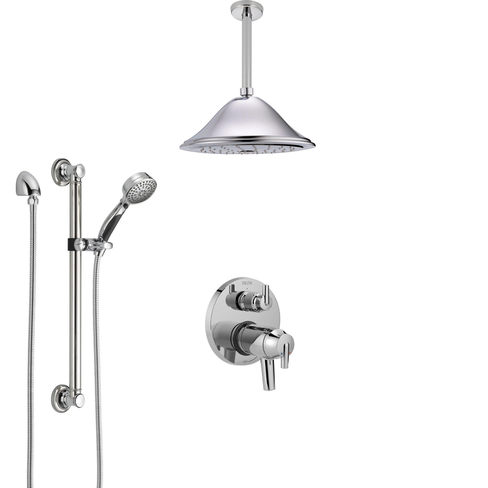 Delta Trinsic Chrome Integrated Diverter Shower System with Dual Thermostatic Control, Ceiling Mount Showerhead, and Grab Bar Hand Shower SS27T8591