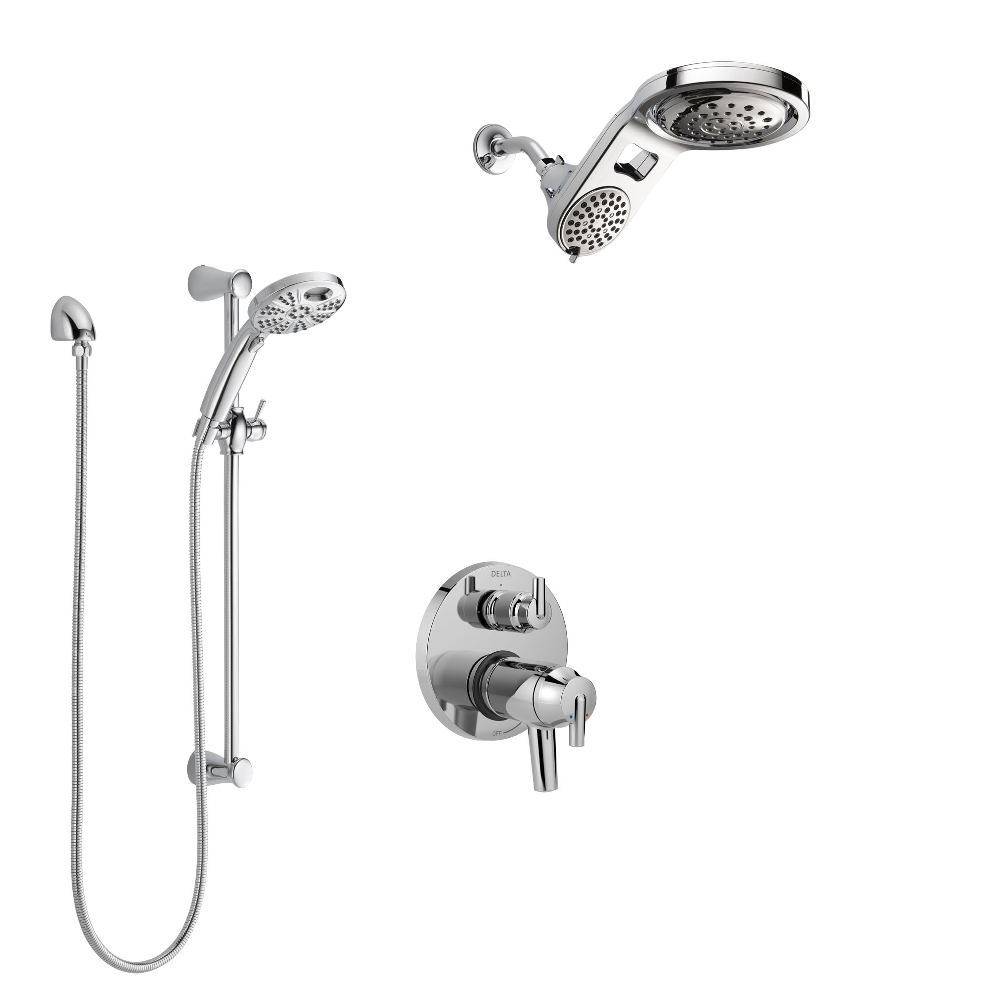 Delta Trinsic Chrome Finish Shower System with Dual Thermostatic Control Handle, Integrated Diverter, Dual Showerhead, & Temp2O Hand Shower SS27T8598