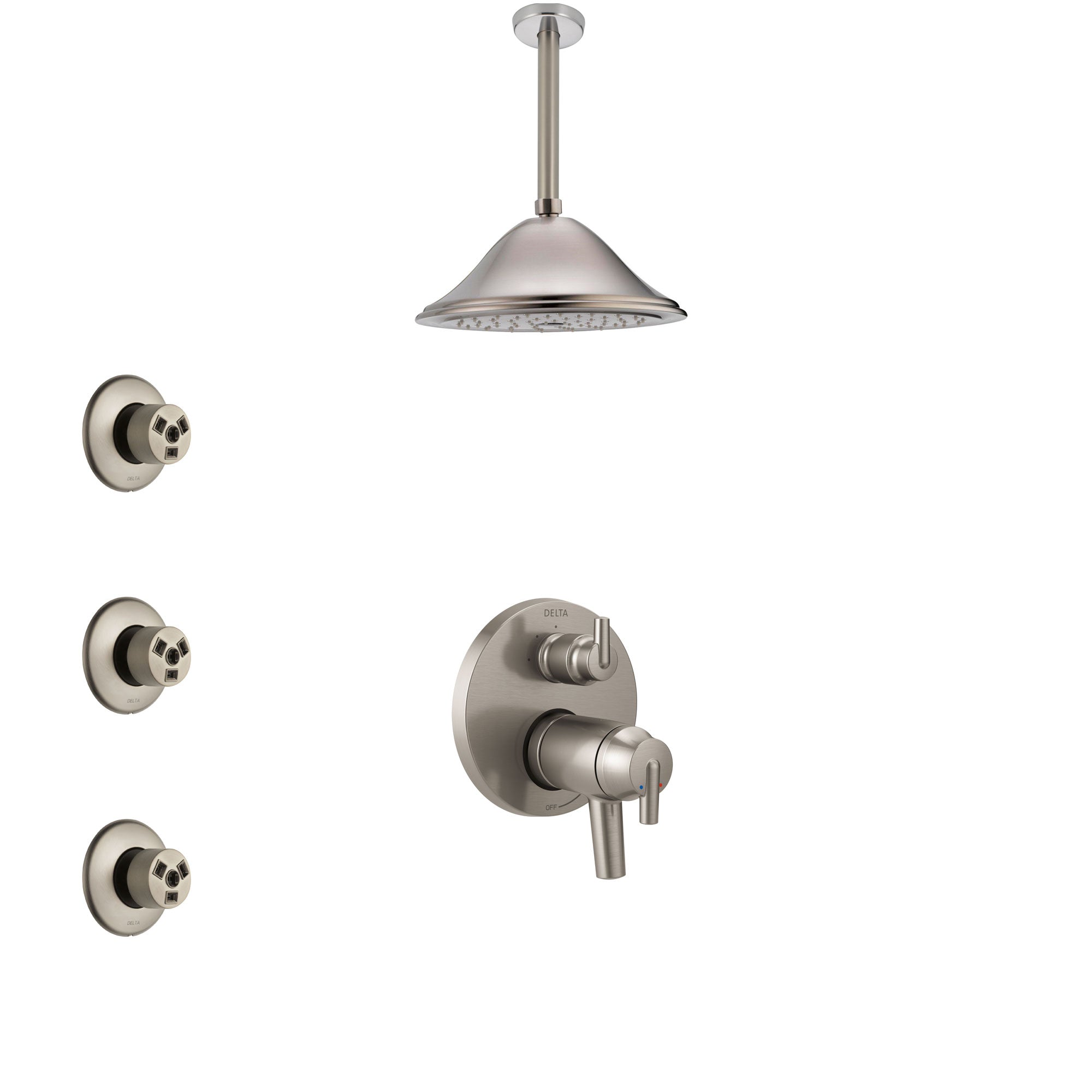 Delta Trinsic Dual Thermostatic Control Stainless Steel Finish Integrated Diverter Shower System, Ceiling Showerhead, and 3 Body Sprays SS27T859SS5