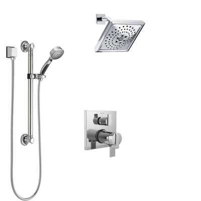 Delta Ara Chrome Finish Shower System with Dual Thermostatic Control Handle, Integrated Diverter, Showerhead, and Hand Shower with Grab Bar SS27T8671