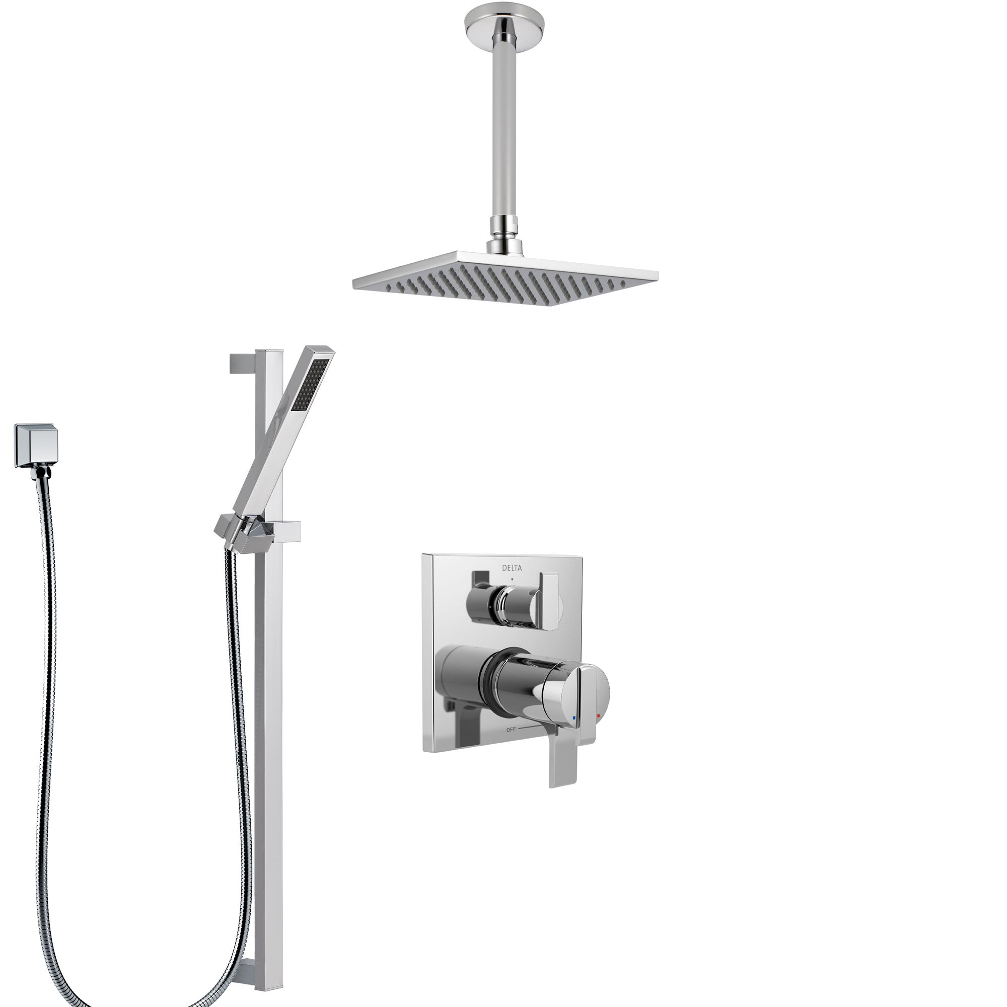 Delta Ara Chrome Finish Shower System with Dual Thermostatic Control Handle, Integrated Diverter, Ceiling Mount Showerhead, and Hand Shower SS27T8677