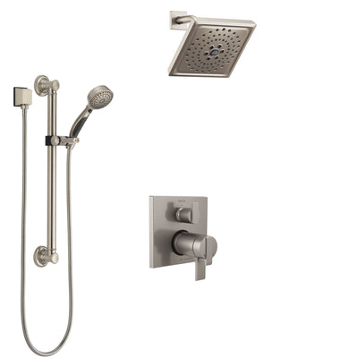 Delta Ara Dual Thermostatic Control Stainless Steel Finish Integrated Diverter Shower System, Showerhead, and Hand Shower with Grab Bar SS27T867SS4