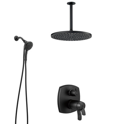 Delta Stryke Matte Black Finish Modern Integrated Diverter Shower System with Large Rain Ceiling Showerhead and SureDock Hand Sprayer SS27T876BLL8