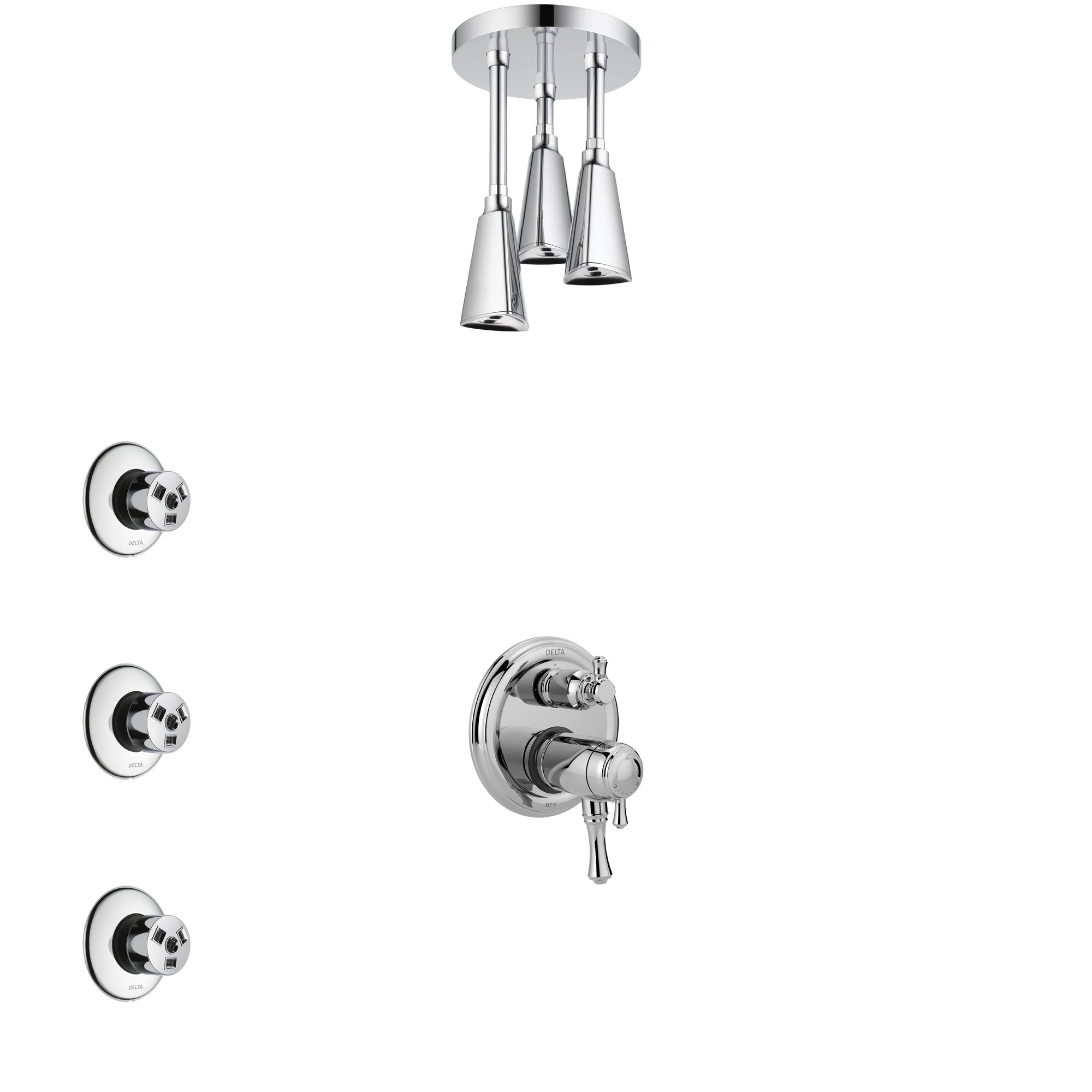 Delta Cassidy Chrome Shower System with Dual Thermostatic Control Handle, Integrated Diverter, Ceiling Mount Showerhead, and 3 Body Sprays SS27T8974