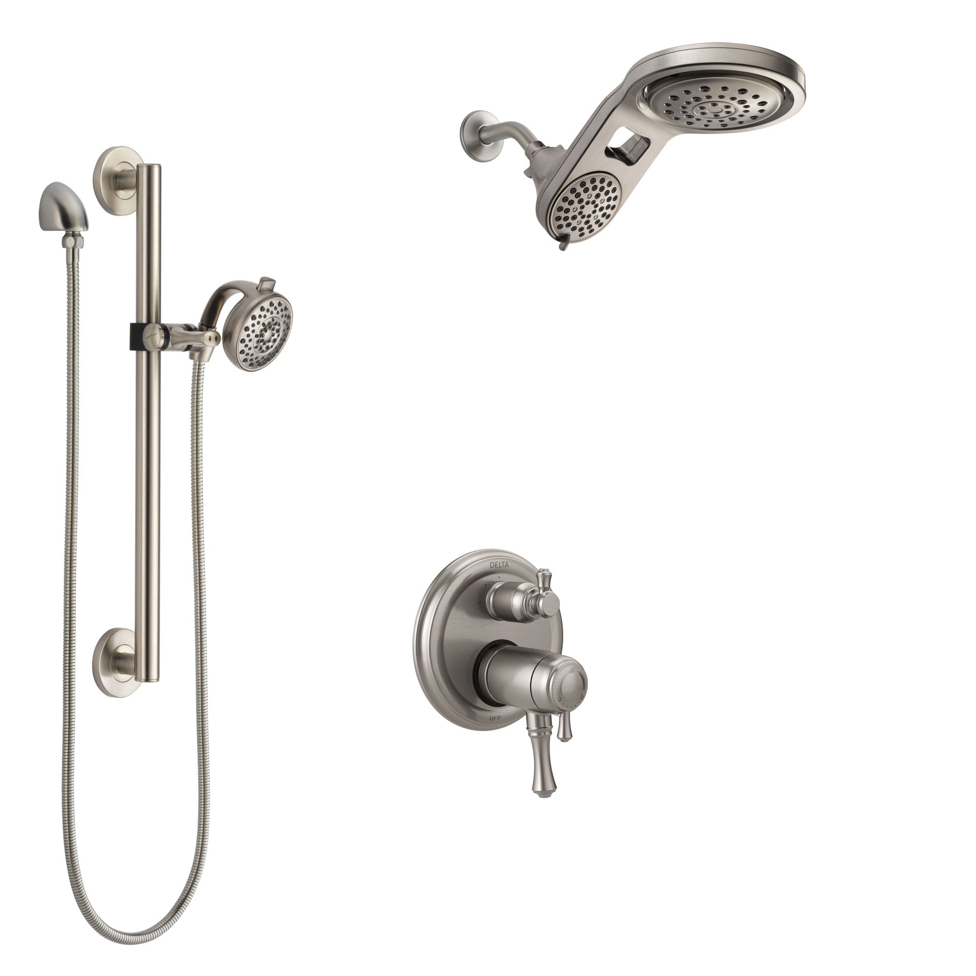 Delta Cassidy Dual Thermostatic Control Stainless Steel Finish Integrated Diverter Shower System, Dual Showerhead, and Grab Bar Hand Spray SS27T897SS6