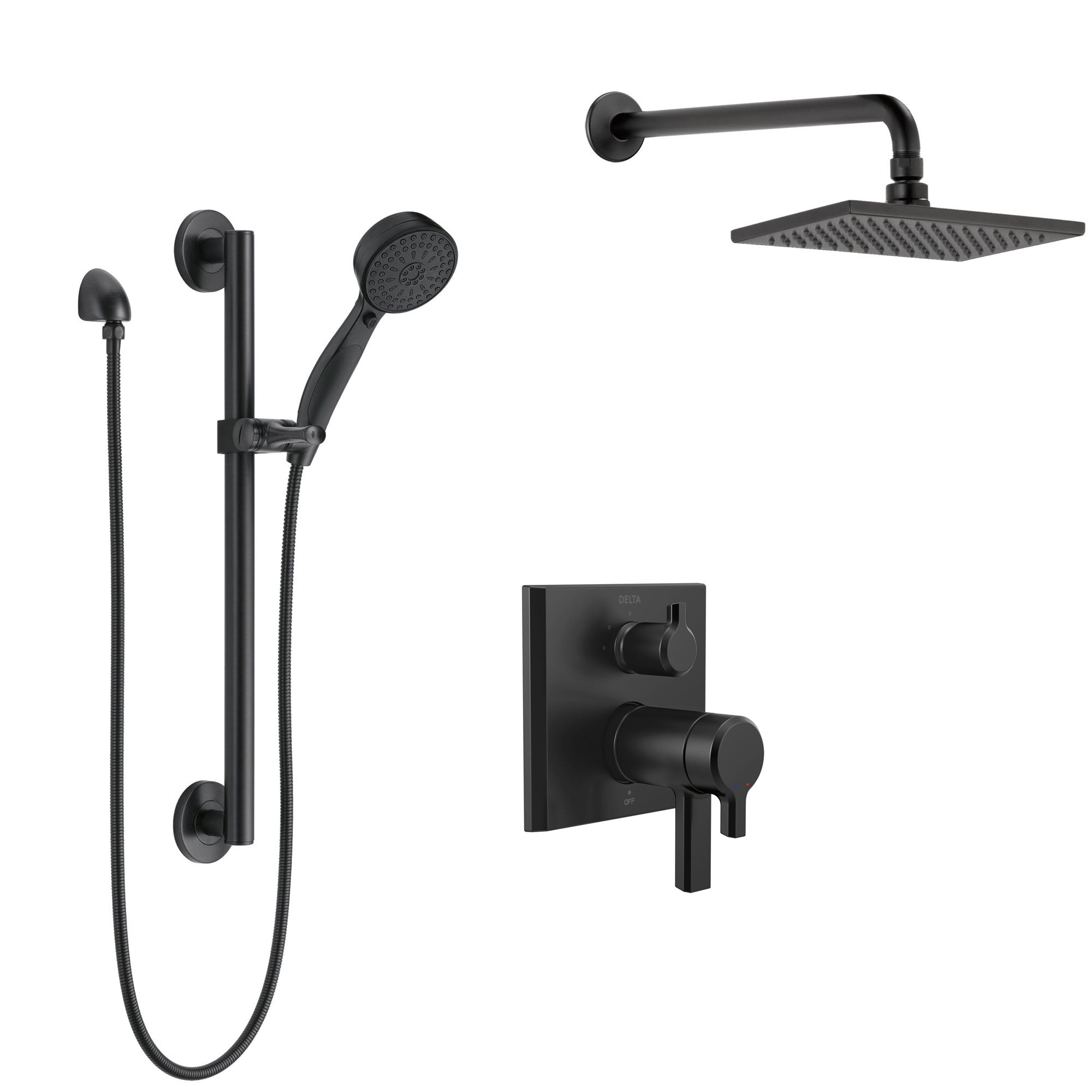 Delta Pivotal Matte Black Integrated Diverter Shower System with Wall Mount Rain Showerhead and Multi-Setting Hand Shower with Grab Bar SS27T899BL3