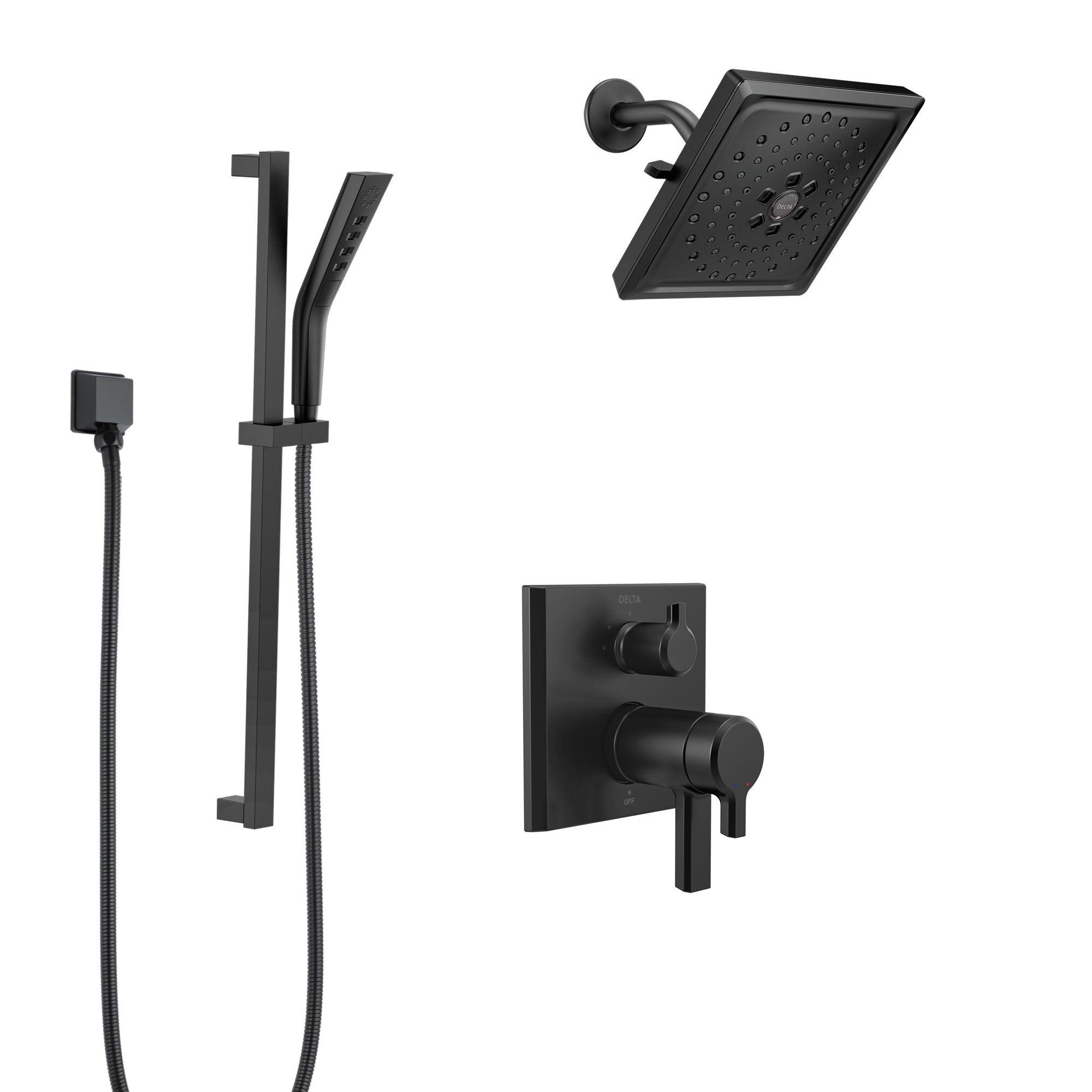 Delta Pivotal Matte Black Finish Thermostatic Shower System with Diverter, Multi-Setting Wall Showerhead, and Hand Shower on Slide Bar SS27T899BL6