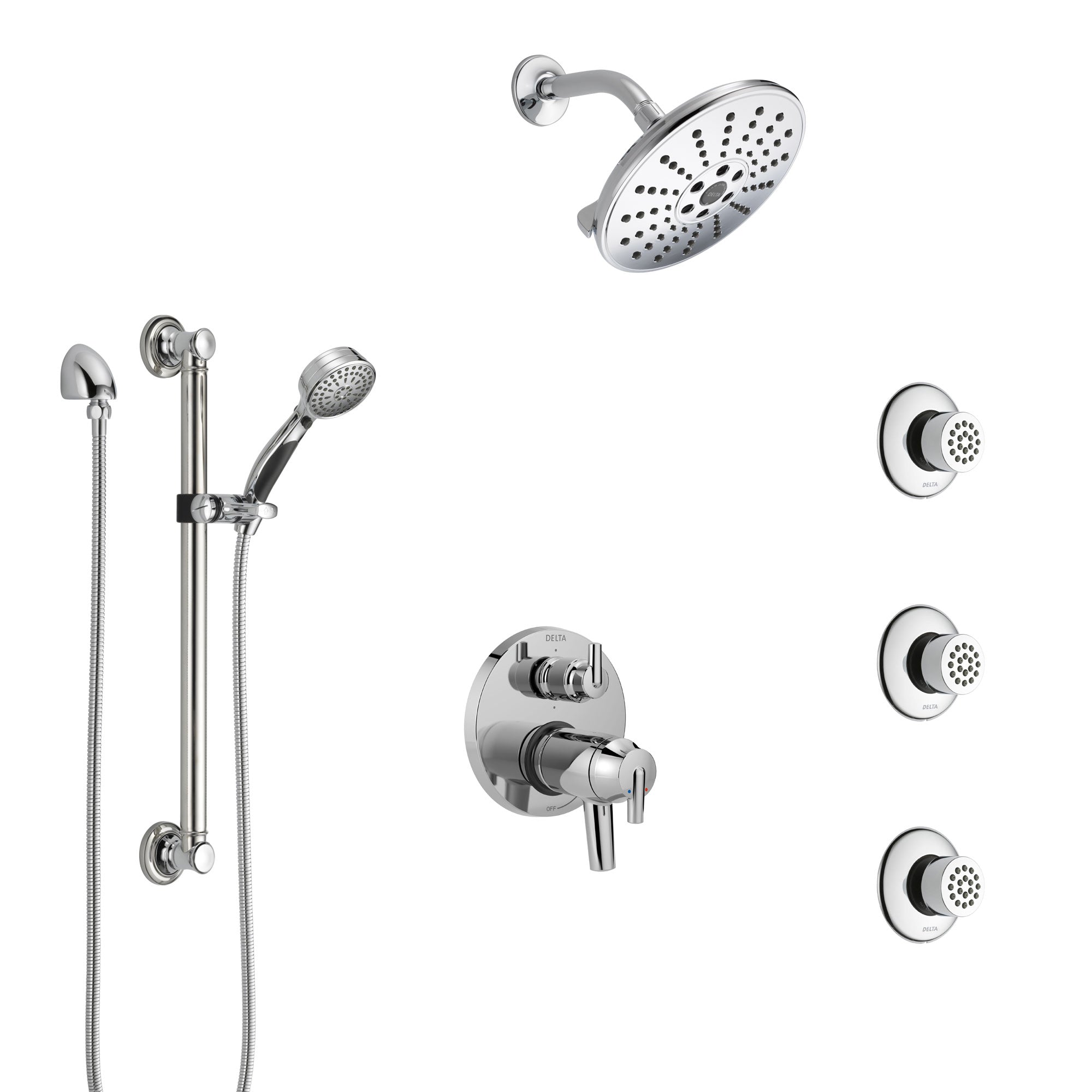 Delta Trinsic Chrome Shower System with Dual Thermostatic Control, Integrated Diverter, Showerhead, 3 Body Sprays, and Grab Bar Hand Shower SS27T95910