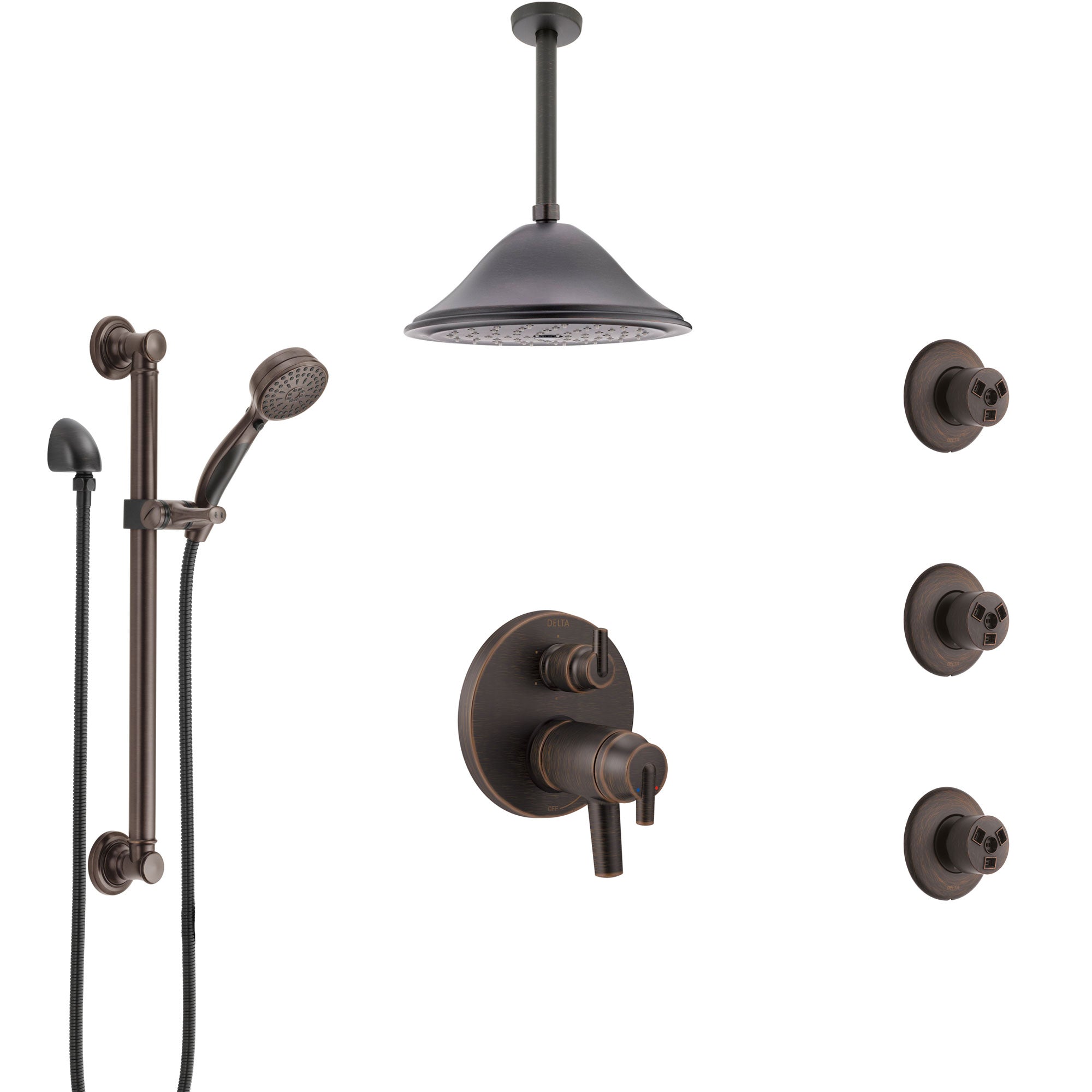 Delta Trinsic Venetian Bronze Dual Thermostatic Control Shower System, Ceiling Showerhead, 3 Body Jets, Grab Bar Hand Spray SS27T959RB10