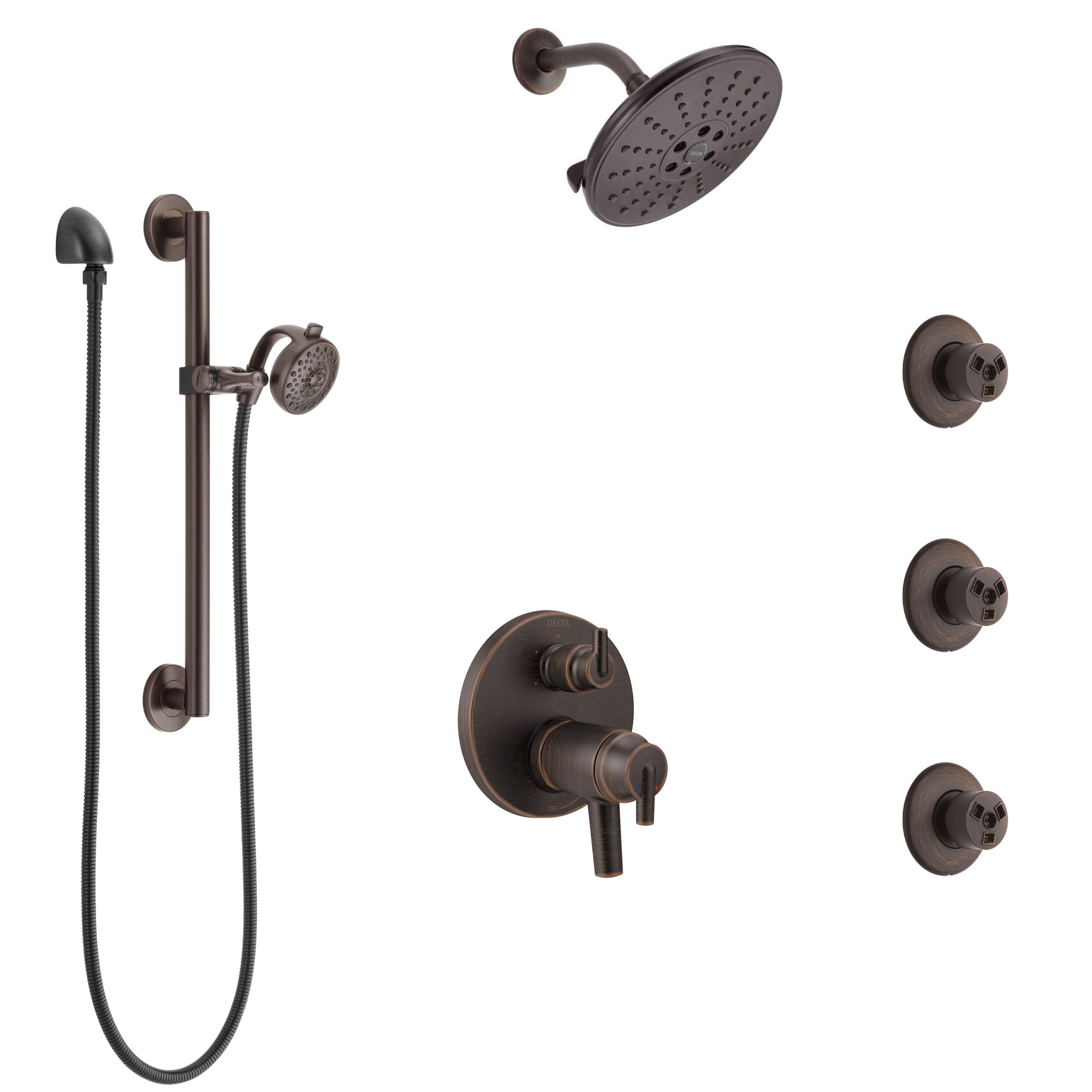 Delta Trinsic Venetian Bronze Dual Thermostatic Control Integrated Diverter Shower System, Showerhead, 3 Body Sprays, Grab Bar Hand Spray SS27T959RB3