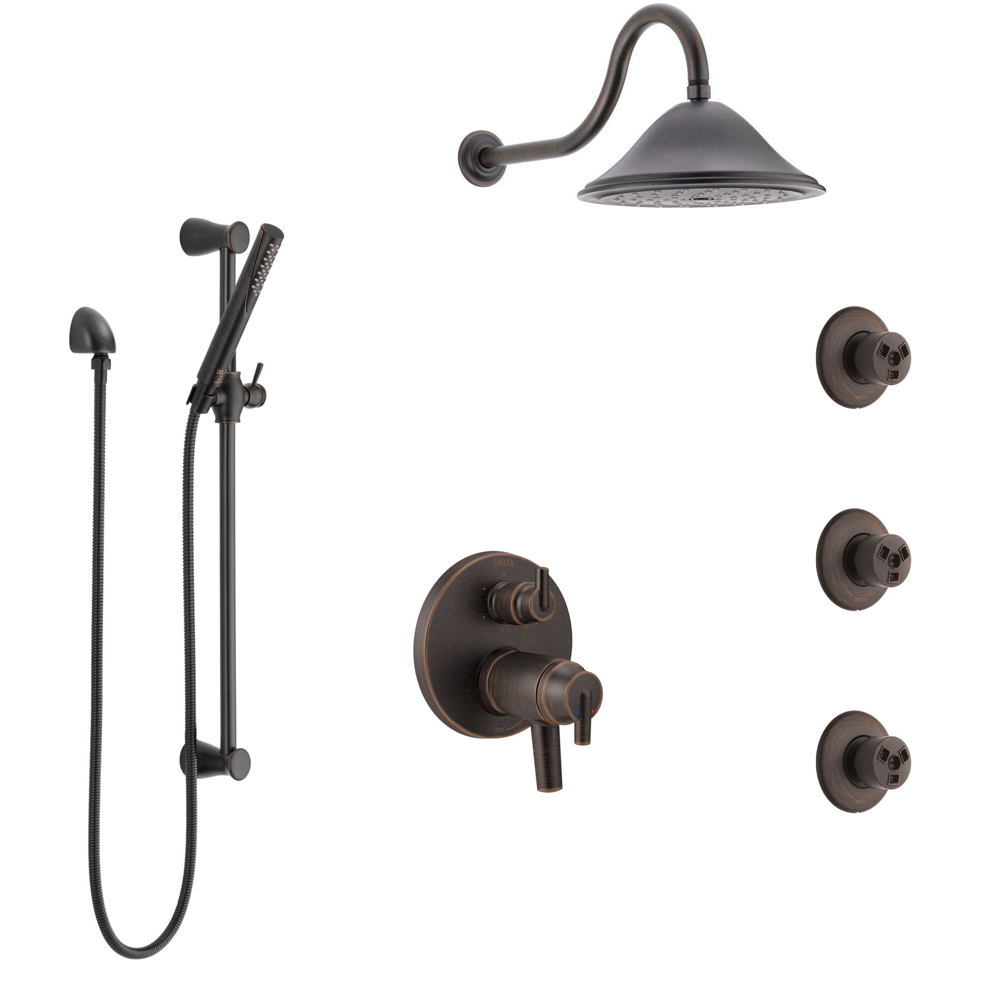 Delta Trinsic Venetian Bronze Dual Thermostatic Control Integrated Diverter Shower System, Showerhead, 3 Body Sprays, and Hand Shower SS27T959RB8