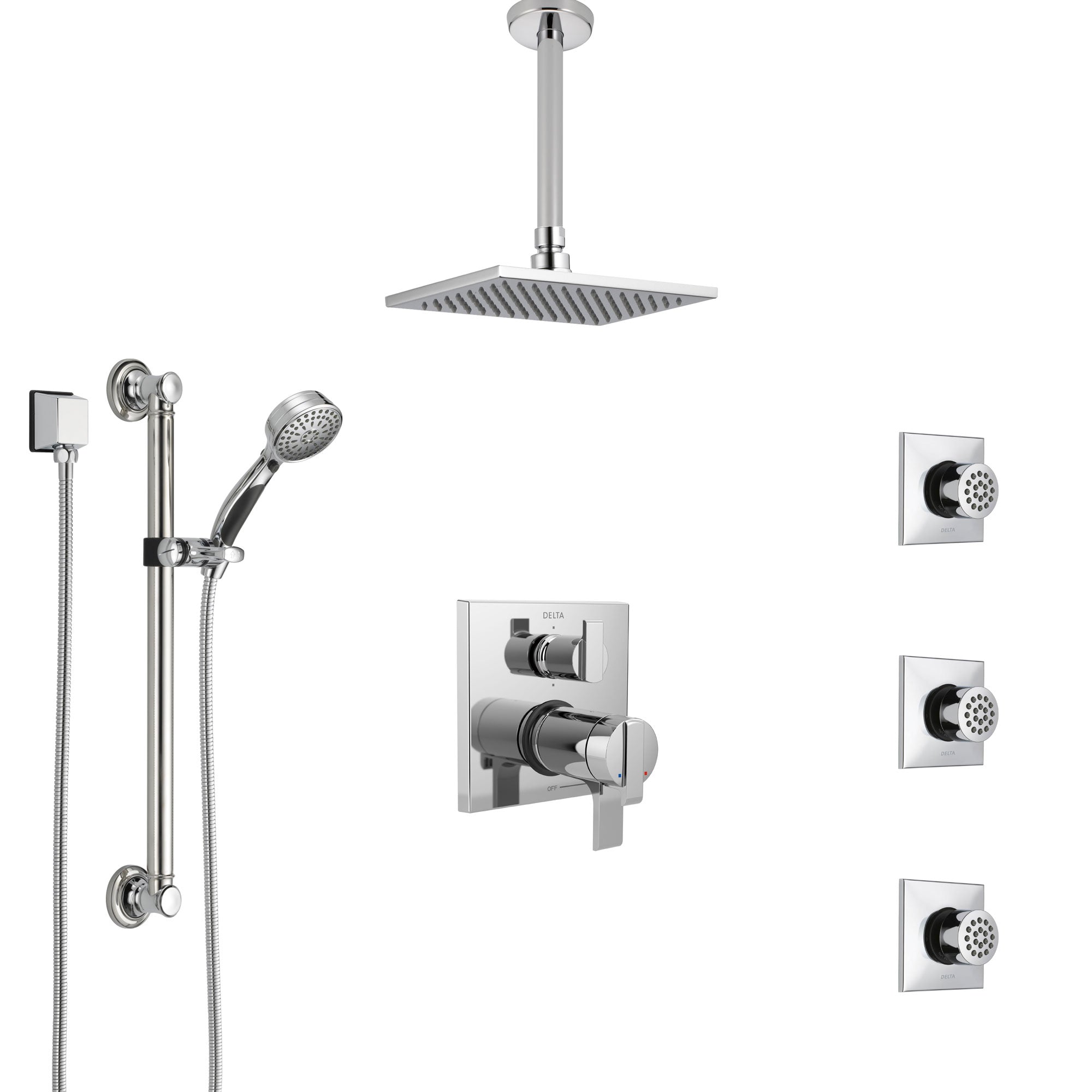 Delta Ara Chrome Dual Thermostatic Control Integrated Diverter Shower System, Ceiling Showerhead, 3 Body Sprays, and Grab Bar Hand Shower SS27T96710