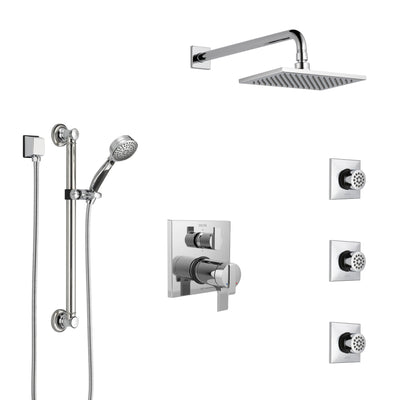 Delta Ara Chrome Shower System with Dual Thermostatic Control, Integrated Diverter, Showerhead, 3 Body Sprays, and Hand Shower with Grab Bar SS27T9672