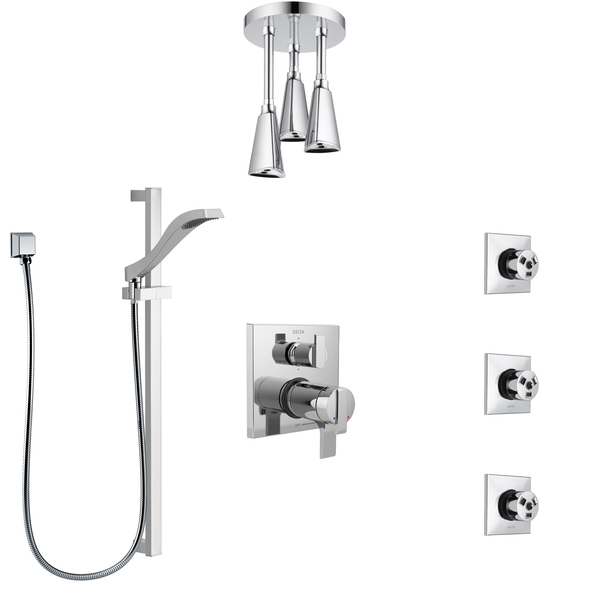 Delta Ara Chrome Shower System with Dual Thermostatic Control, Integrated Diverter, Ceiling Mount Showerhead, 3 Body Sprays, and Hand Shower SS27T9676