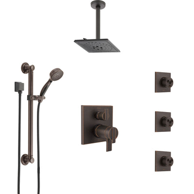 Delta Ara Venetian Bronze Dual Thermostatic Control Shower System, Ceiling Showerhead, 3 Body Jets, Grab Bar Hand Spray SS27T967RB4