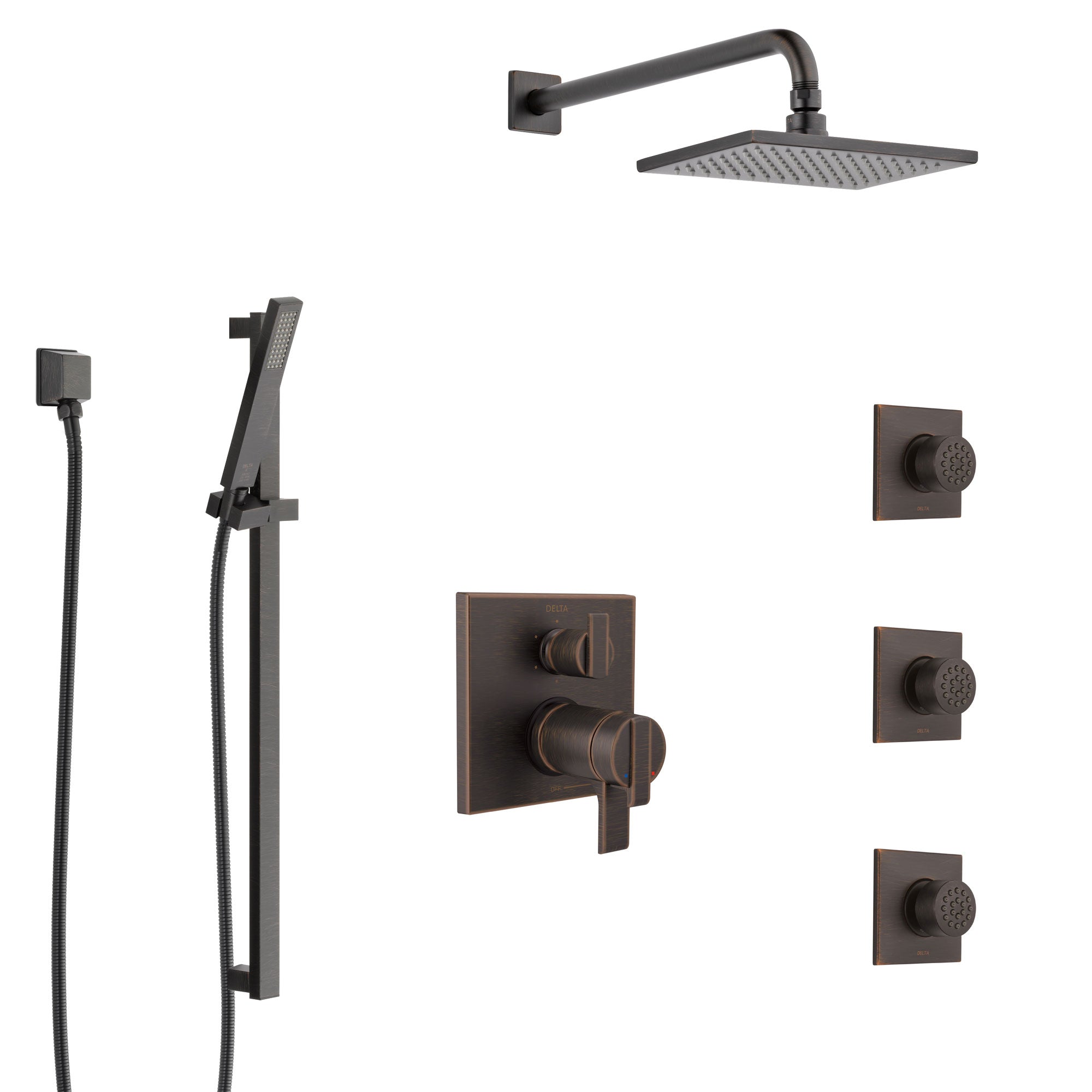 Delta Ara Venetian Bronze Shower System with Dual Thermostatic Control, Integrated Diverter, Showerhead, 3 Body Sprays, and Hand Shower SS27T967RB8