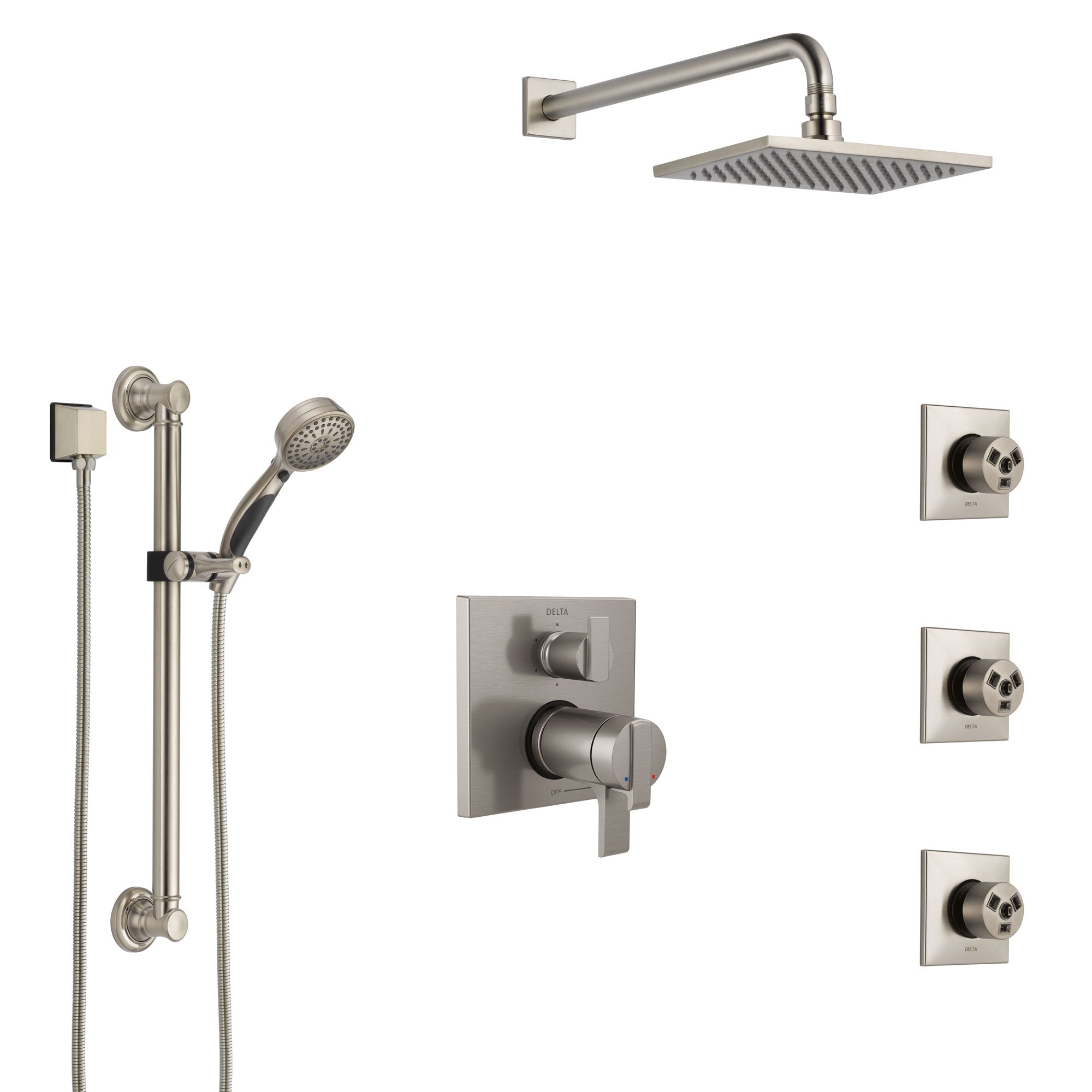 Delta Ara Dual Thermostatic Control Stainless Steel Finish Shower System, Showerhead, 3 Body Jets, Grab Bar Hand Spray SS27T967SS10