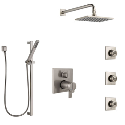 Delta Ara Dual Thermostatic Control Stainless Steel Finish Shower System, Integrated Diverter, Showerhead, 3 Body Sprays, and Hand Shower SS27T967SS12