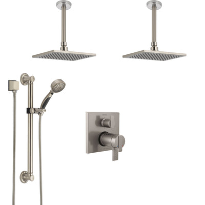 Delta Ara Dual Thermostatic Control Stainless Steel Finish Shower System, 2 Ceiling Mount Showerheads, Grab Bar Hand Spray SS27T967SS1