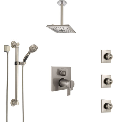 Delta Ara Dual Thermostatic Control Stainless Steel Finish Shower System, Ceiling Showerhead, 3 Body Jets, Grab Bar Hand Spray SS27T967SS5