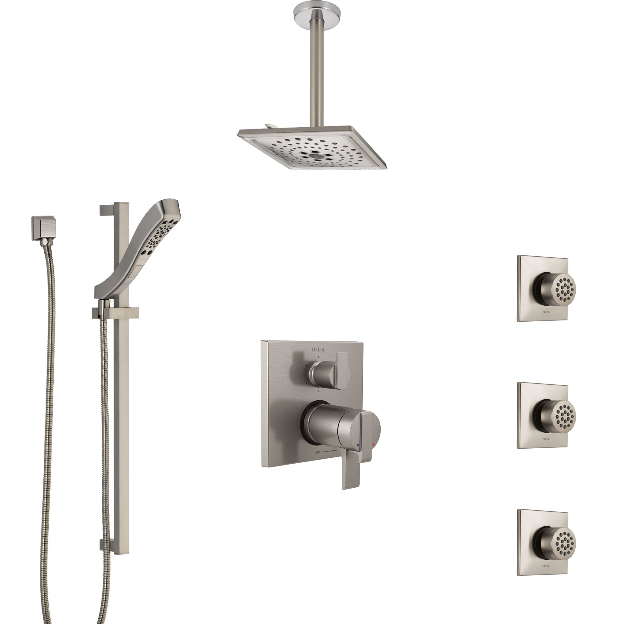 Delta Ara Dual Thermostatic Control Stainless Steel Finish Integrated Diverter Shower System, Ceiling Showerhead, 3 Body Jets, Hand Spray SS27T967SS6