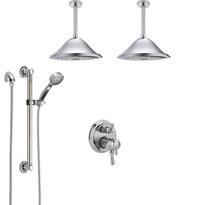 Delta Cassidy Chrome Dual Thermostatic Control Shower System, 2 Ceiling Mount Showerheads, Grab Bar Hand Spray SS27T9975