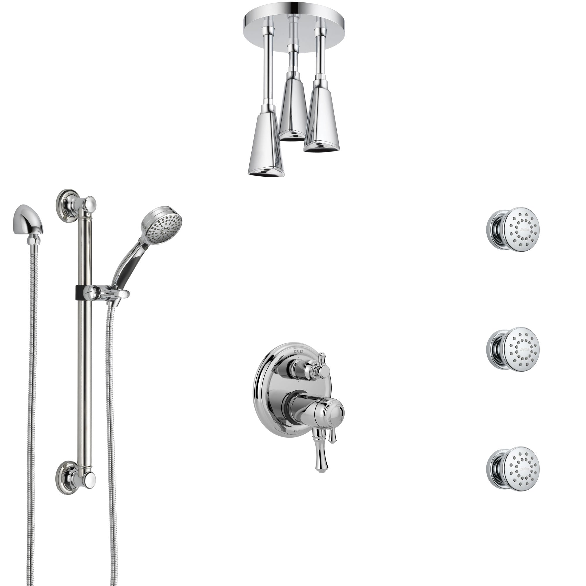 Delta Cassidy Chrome Dual Thermostatic Control Integrated Diverter Shower System, Ceiling Showerhead, 3 Body Sprays, and Grab Bar Hand Spray SS27T9976