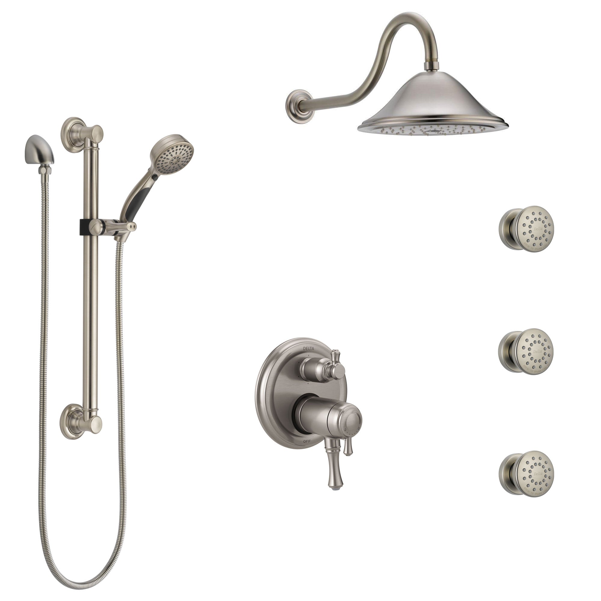 Delta Cassidy Dual Thermostatic Control Stainless Steel Finish Shower System, Showerhead, 3 Body Jets, Grab Bar Hand Spray SS27T997SS1