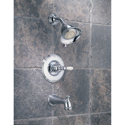 Delta Traditional Victorian Chrome Finish 14 Series Tub and Shower Faucet Combo INCLUDES Rough-in Valve with Stops and White Lever Handle D1189V