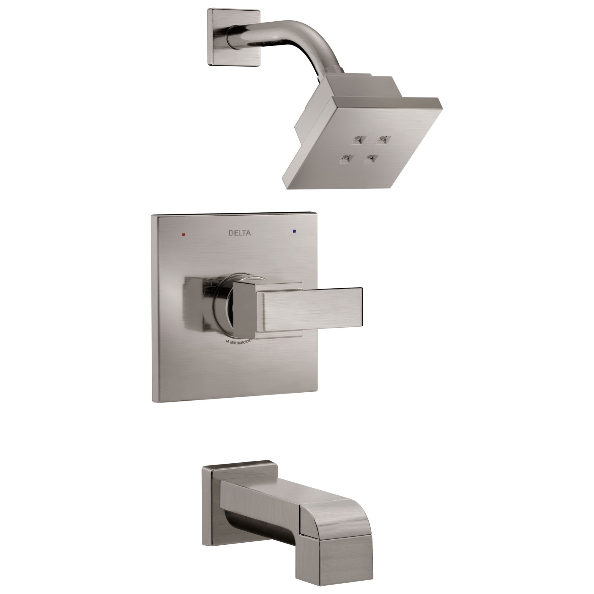 Delta Ara Collection Stainless Steel Finish Modern 1 Handle Monitor 14 Square Tub and Shower Faucet Combo Includes Valve without Stops D1992V