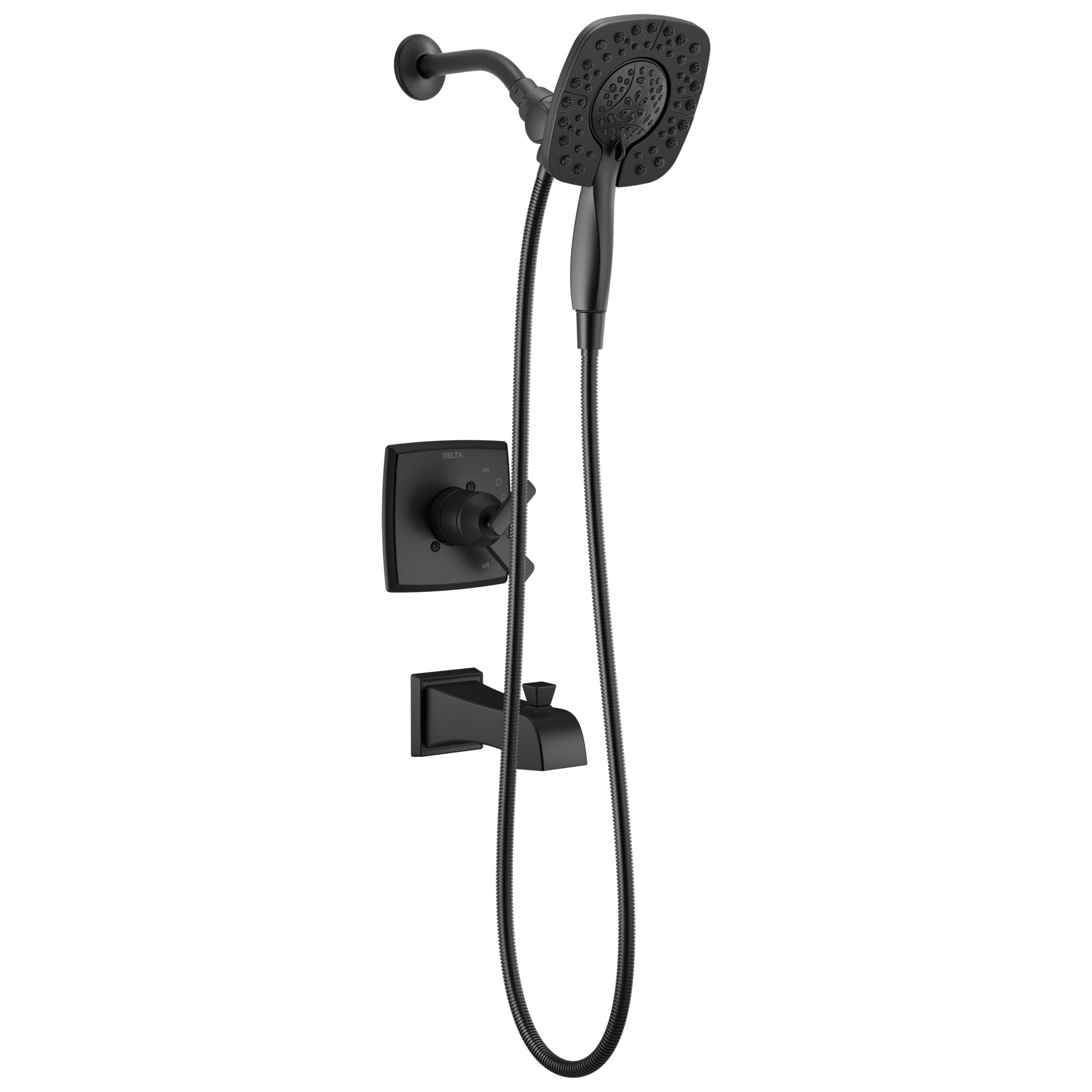 Delta Ashlyn Matte Black Finish Monitor 17 Series In2ition Showerhead/Hand Shower and Tub Spout Combo Includes Handles and Valve with Stops D3338V