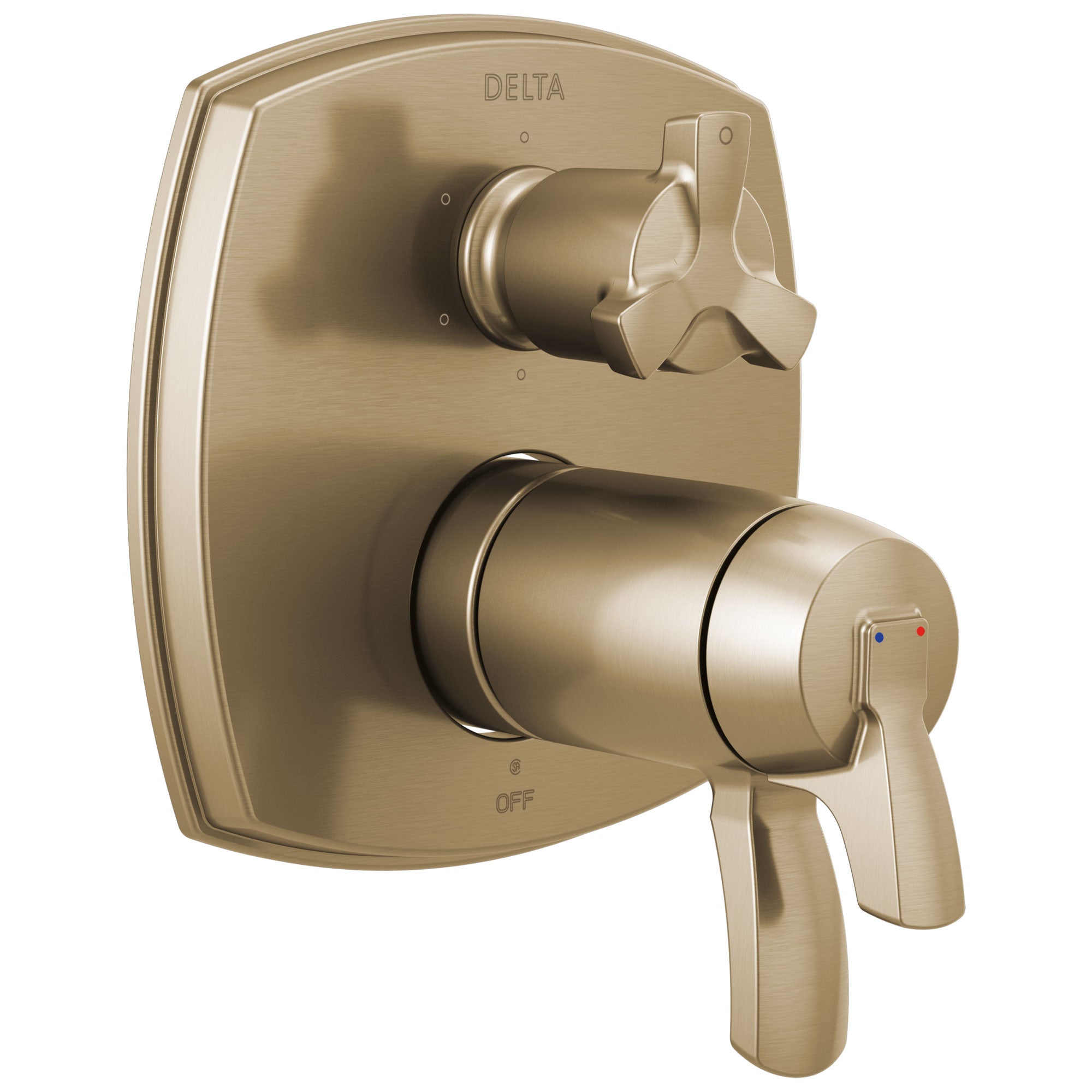 Delta Stryke Champagne Bronze Thermostatic Shower System Control with 6 Setting Integrated Cross Handle Diverter Includes Valve & Handles D3667V