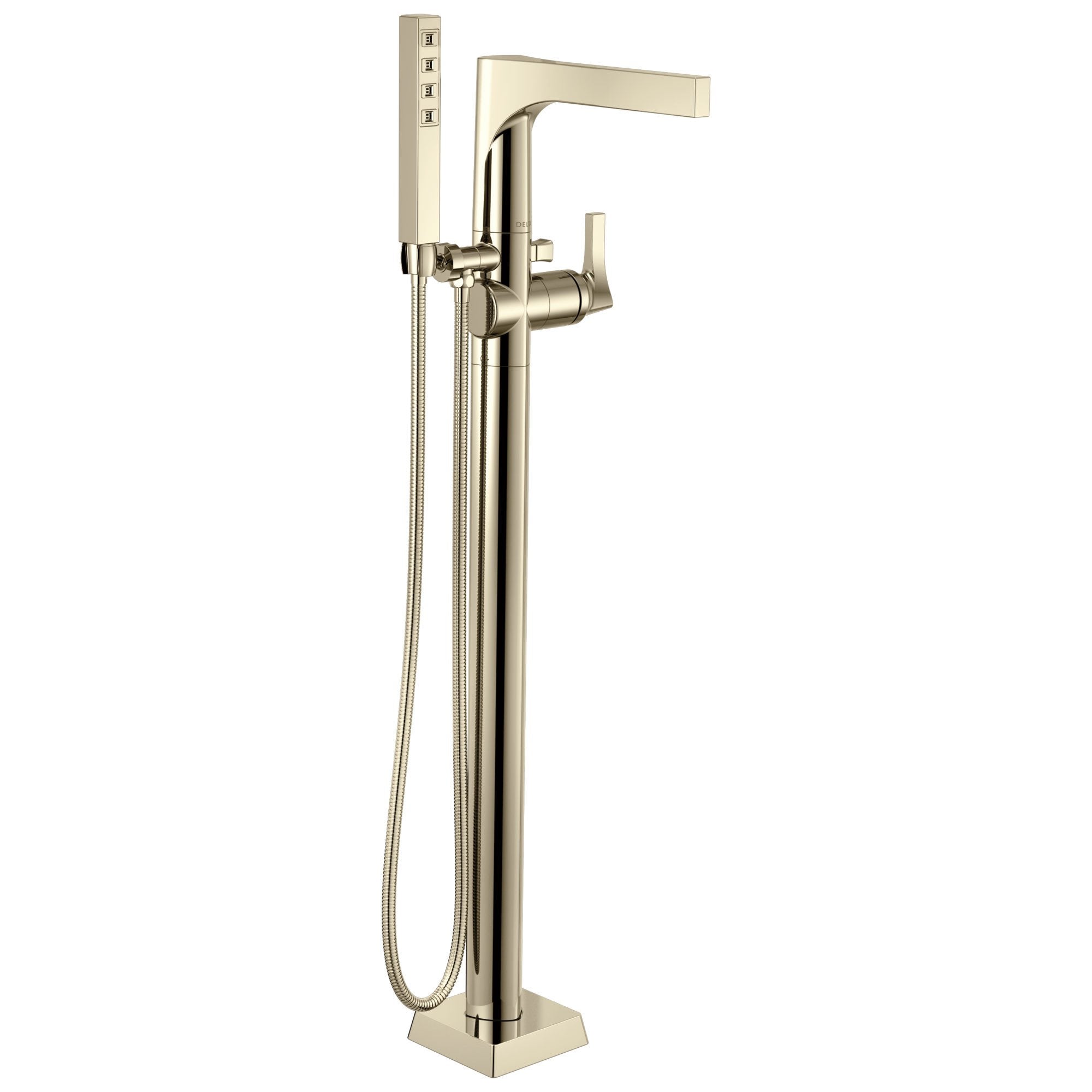 Delta Zura Collection Polished Nickel Modern Floor Mount Freestanding Tub Filler Faucet with Hand Shower Trim Kit only (Requires Valve) DT4774PNFL