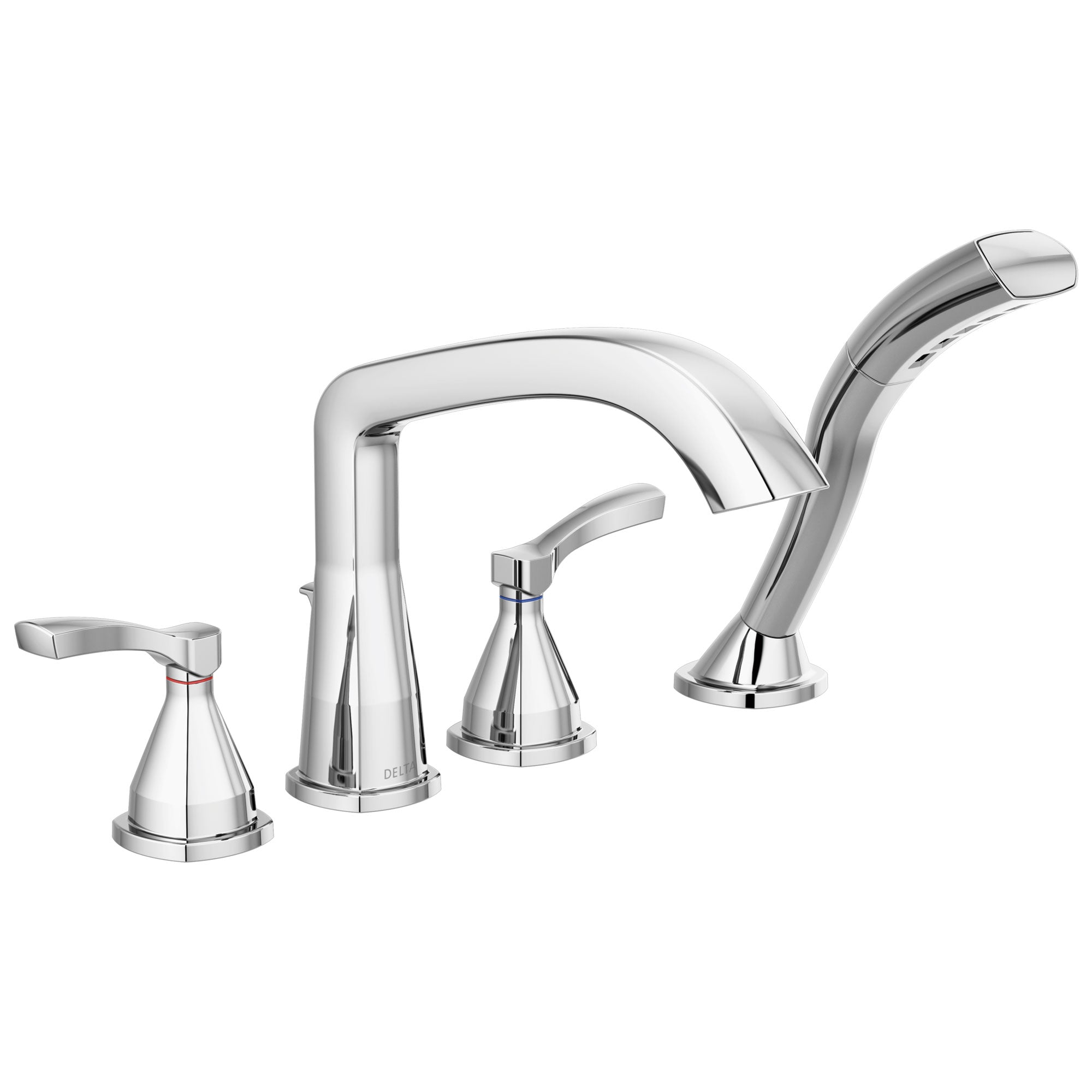 Delta Stryke Chrome Finish Four Hole Deck Mount Roman Tub Filler Faucet with Hand Shower Trim Kit (Requires Valve) DT4776