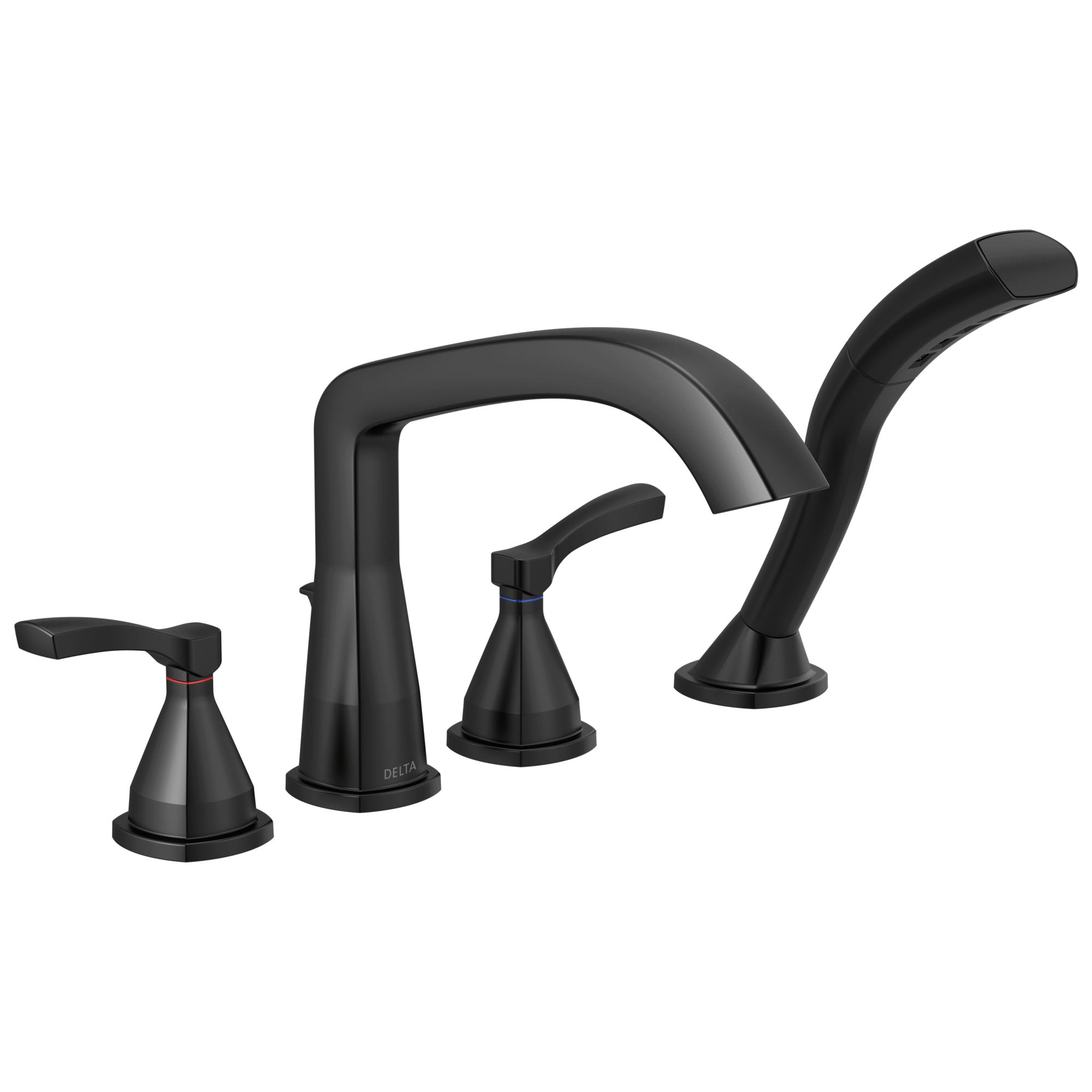 Delta Stryke Matte Black Finish Four Hole Deck Mount Roman Tub Filler Faucet with Hand Shower Trim Kit (Requires Valve) DT4776BL