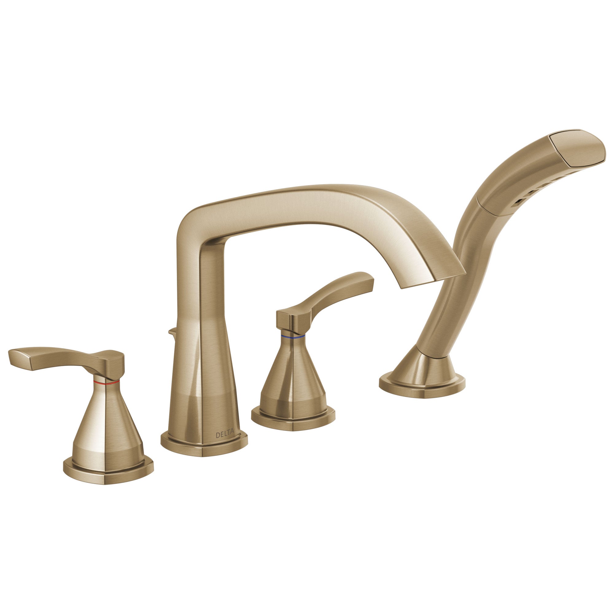 Delta Stryke Champagne Bronze Finish Four Hole Deck Mount Roman Tub Filler Faucet with Hand Shower Trim Kit (Requires Valve) DT4776CZ