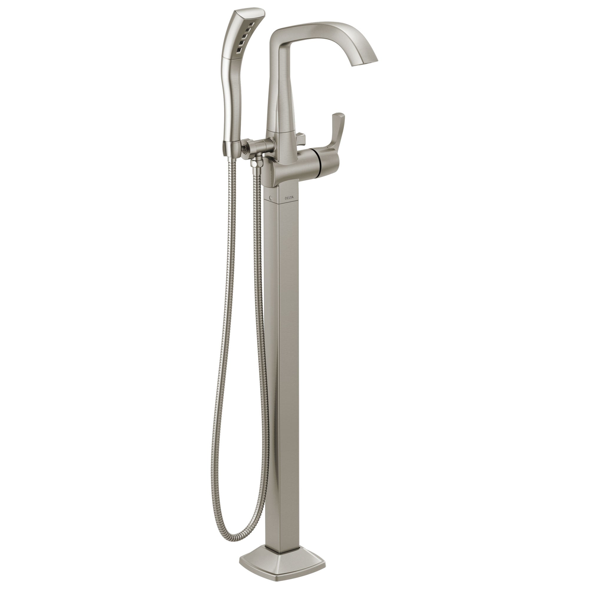 Delta Stryke Stainless Steel Finish Single Lever Handle Floor Mount Tub Filler Faucet with Hand Sprayer Includes Rough-in Valve D3033V