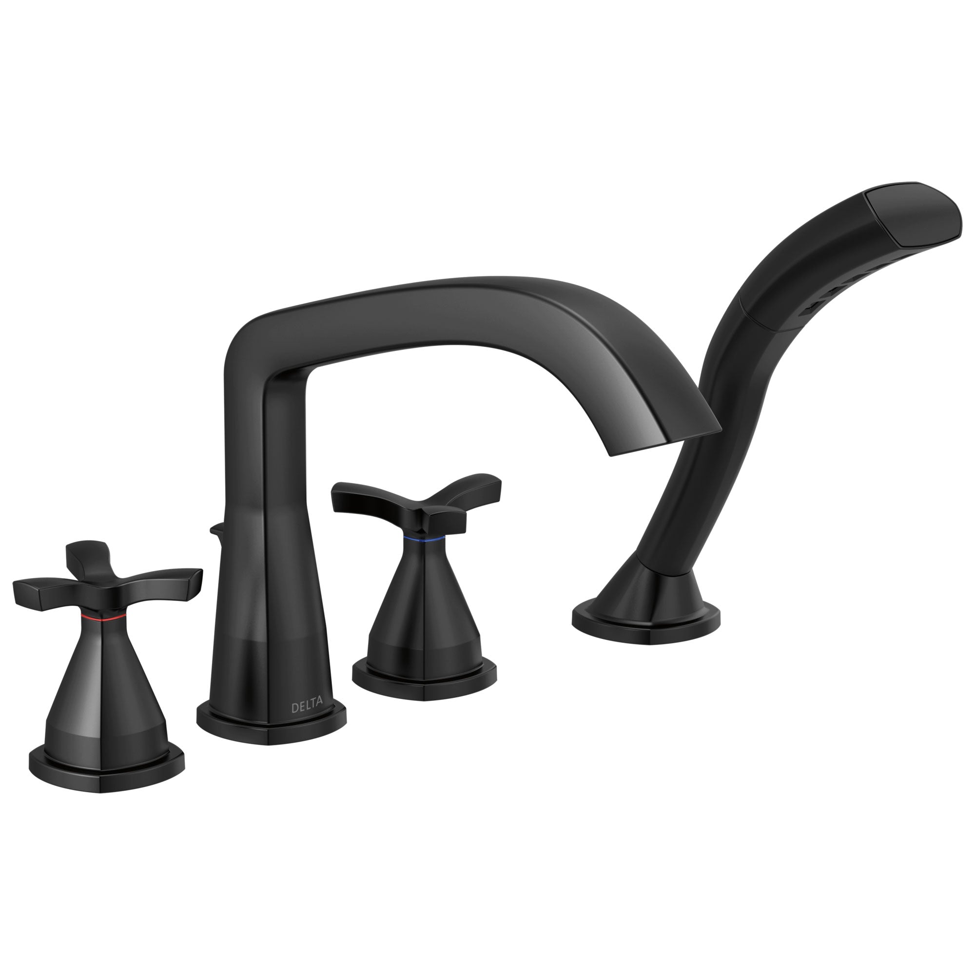 Delta Stryke Matte Black Finish Helo Cross Handle Deck Mount Roman Tub Filler Faucet with Hand Shower Includes Rough-in Valve D3048V