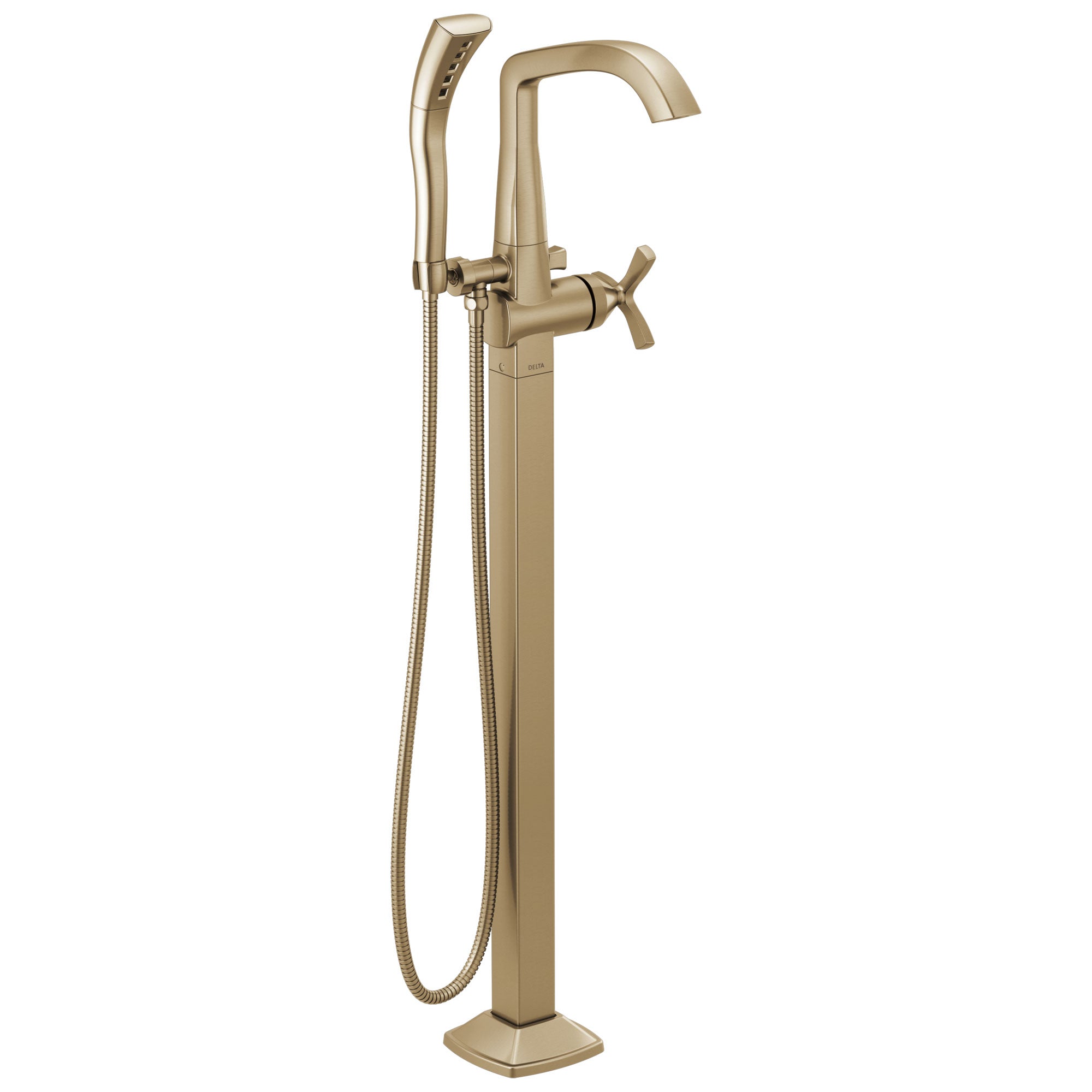 Delta Stryke Champagne Bronze Finish Single Cross Handle Floor Mount Tub Filler Faucet with Hand Sprayer Trim Kit (Requires Valve) DT47766CZFL