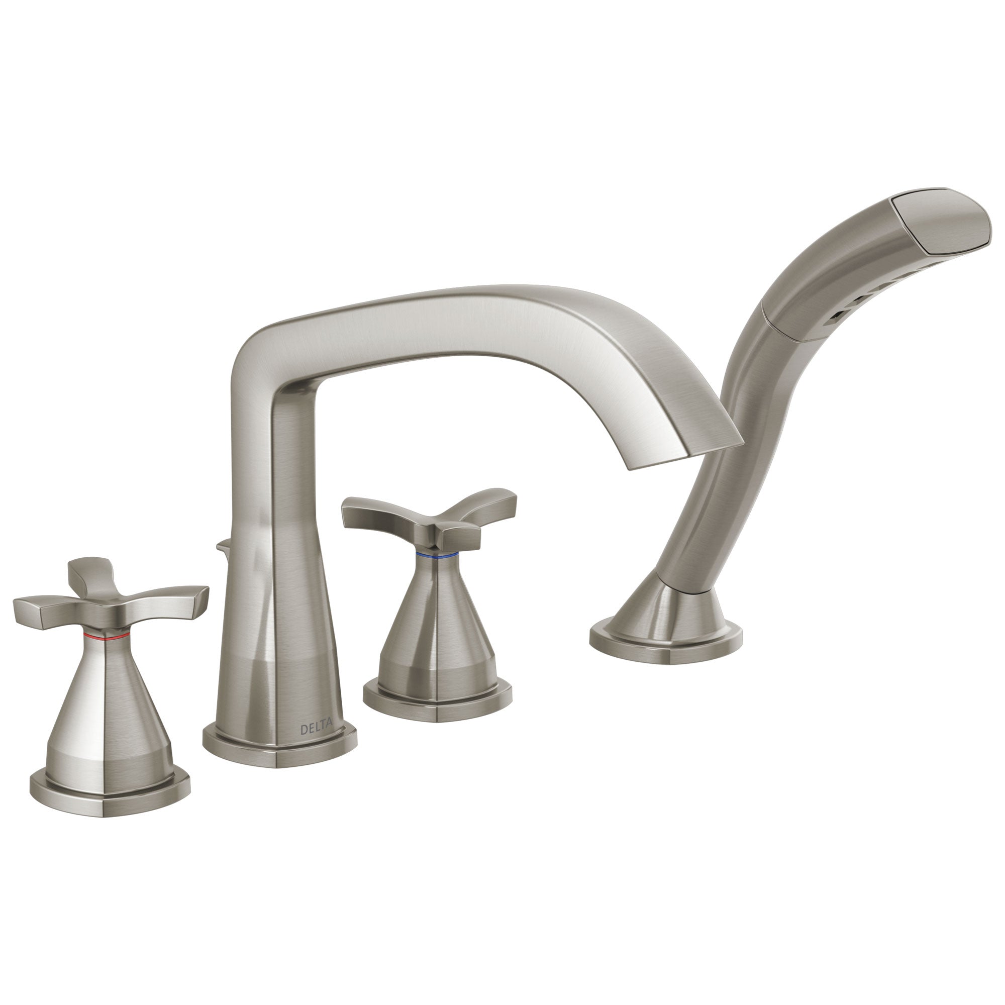 Delta Stryke Stainless Steel Finish Helo Cross Handle Deck Mount Roman Tub Filler Faucet with Hand Shower Includes Rough-in Valve D3042V