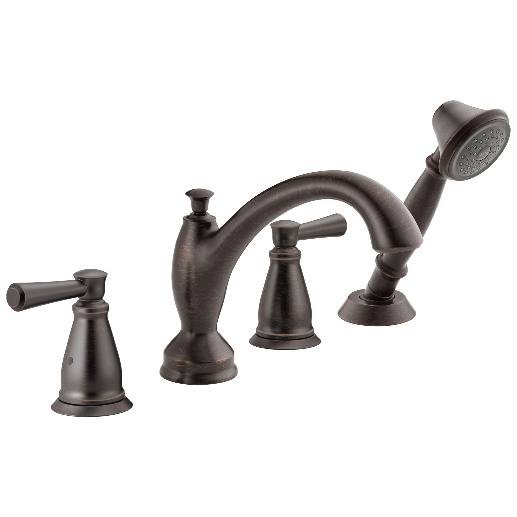 Delta Linden Collection Venetian Bronze Deck Mounted Roman Tub Filler Faucet with Hand Shower Sprayer Includes Trim Kit and Rough-in Valve D2064V