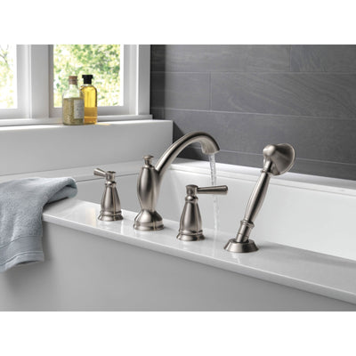 Delta Linden Collection Stainless Steel Finish Roman Tub Filler Faucet with Hand Shower Sprayer Trim Kit (Requires Rough-in Valve) DT4793SS