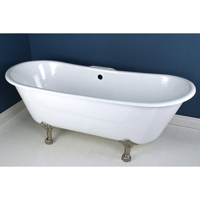 67" Large Cast Iron White Double Slipper Clawfoot Bathtub with Satin Nickel Feet