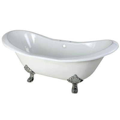 72" Large Cast Iron White Double Slipper Clawfoot Bathtub with Chrome Feet