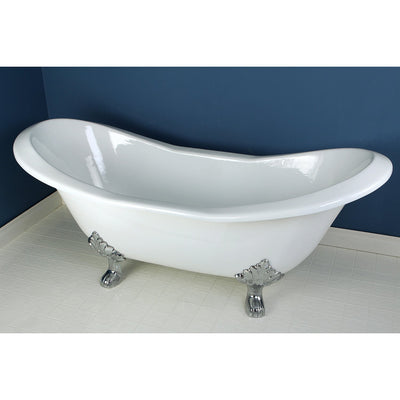 72" Large Cast Iron White Double Slipper Clawfoot Bathtub with Chrome Feet