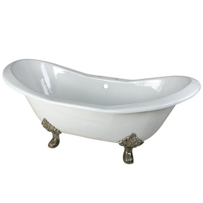 72" Large Cast Iron White Double Slipper Claw Foot Bathtub w/ Satin Nickel Feet